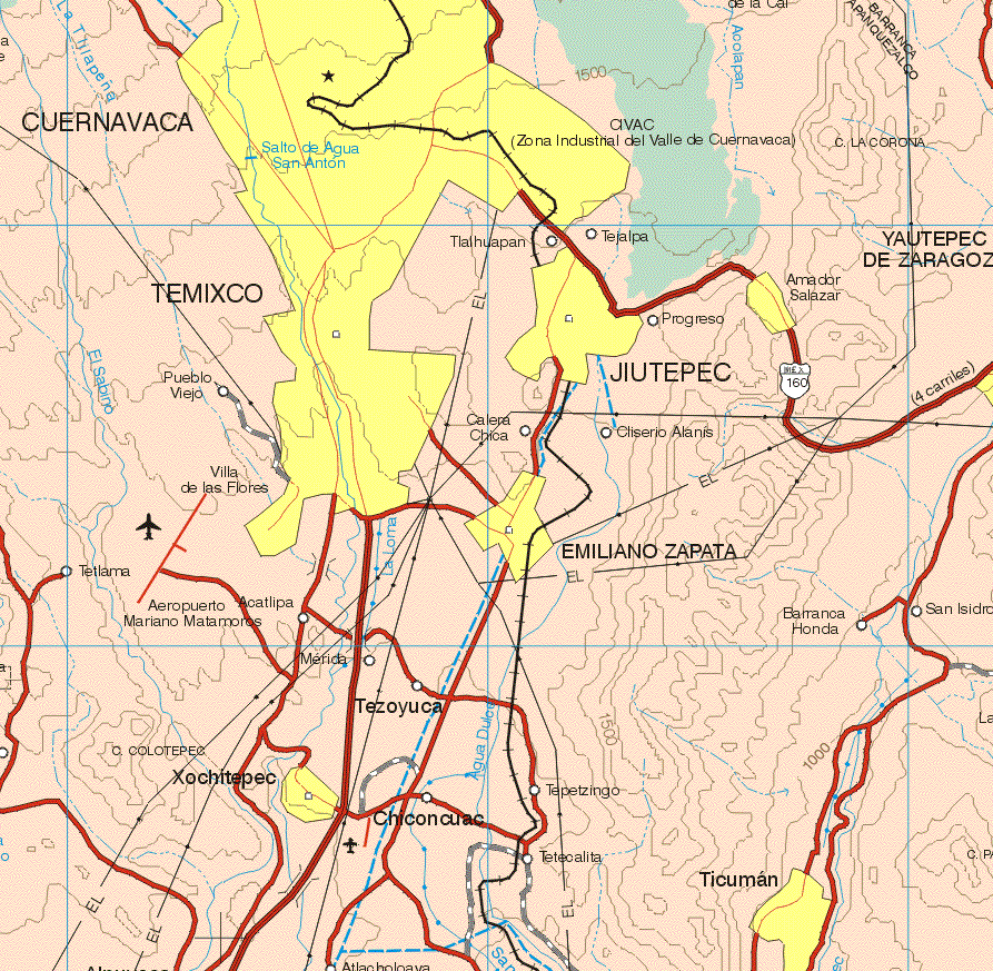 This map shows the major cities (ciudades) of Cuernavaca, Temixco, Amador Salazar, Yahutepec de Zaragoza, Jiutepec, Emiiano Zapata, Xochitepec, Ticuman.The map also shows the towns (pueblos) of Tlahuapan, Tejalpa, Progreso, Pueblo Chico, Calera Chica, Cliserio Alanis, Villa de las Flores, Tetlama, San Isidro, Barranca Honda, Acatlipa, Mariano Matamoros, Mérida, Tezoyuca, Tepetzingo, Chiconcuac, Tetecalita.