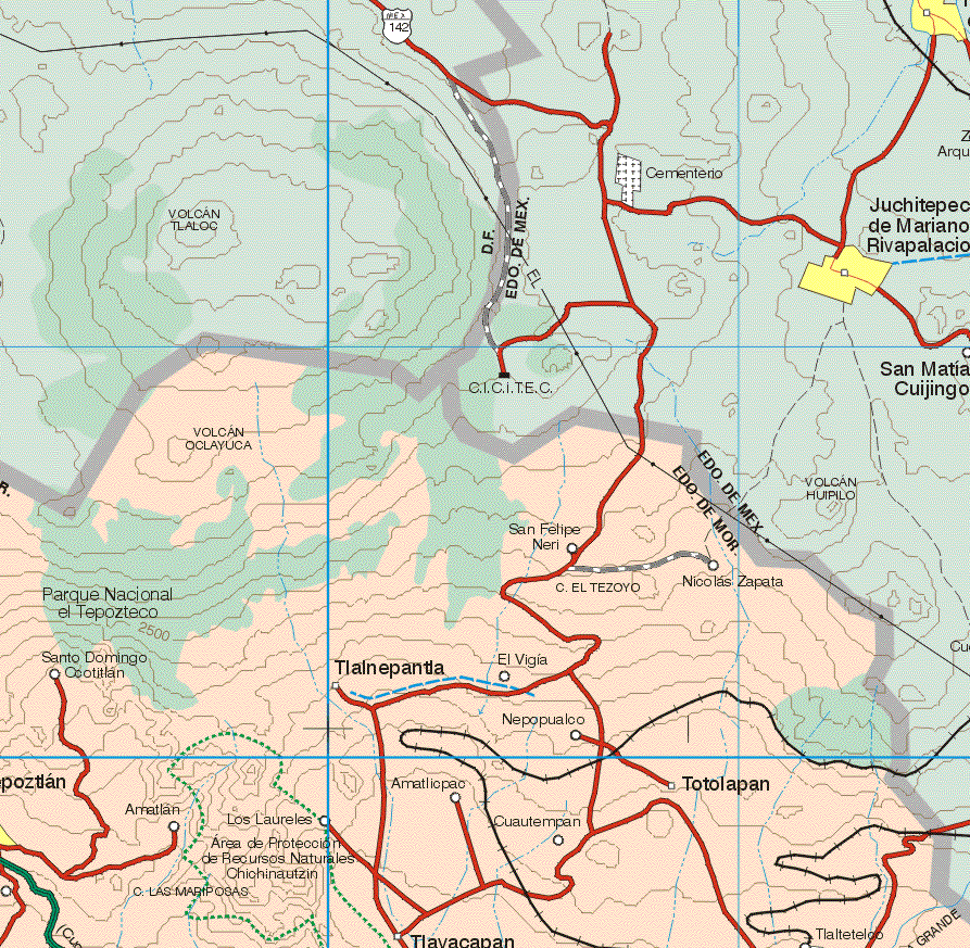 The map also shows the towns (pueblos) of Santo Domingo Ocotitlan, Amatlan, Los Laureles, San Felipe Neri, Nicolás Zapata, El Vigía, Tlanepantla, Nepopualco, Totolapan, Cuatempan, Amatlipac.