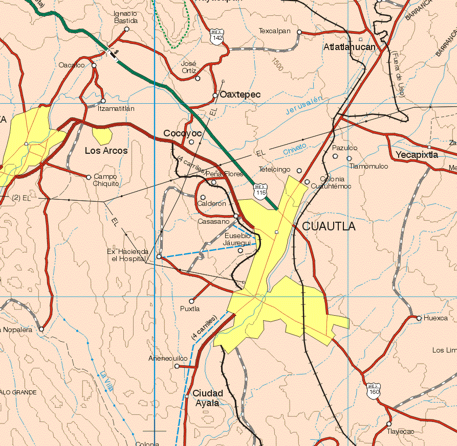 This map shows the major cities (ciudades) of Los Arcos, Cuautla.The map also shows the towns (pueblos) of Ignacio Bastida, Texcalpan, Oacaico, José Ortiz, Itzamatitlan, Oaxtepec, Cocoyoc, Campo Chiquito, Peña Flores, Tetelcingo, Pazulco, Yacapixtla, Tlacomulco, Colonia Cuauhtemoc, Calderón, Casasano, Eusebio Jáuregui, Ex Hacienda el Hospital, Puxtla, Nopalera, Huesca, Anenecuilco, Ciudad Ayala, Tlayecao.
