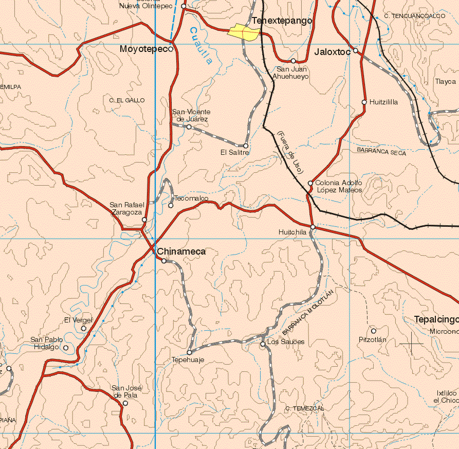 This map shows the major cities (ciudades) of Tenextepango.The map also shows the towns (pueblos) of Nueva Olintepec, Moyotepec, Jaloxtoc, San Juan Ahuhueyo, San Vicente de Juárez, Huitzililla, El Salitre, Colonia Adolfo López Mateos, Tecomalco, San Rafael Zaragoza, Huitchila, Chinameca, El Vergel, Tepalcingo, Pizotlan, Los Sauces, San Pablo Hidalgo, Tepehuaje, Ixtlico el Chico, San José de Pala.