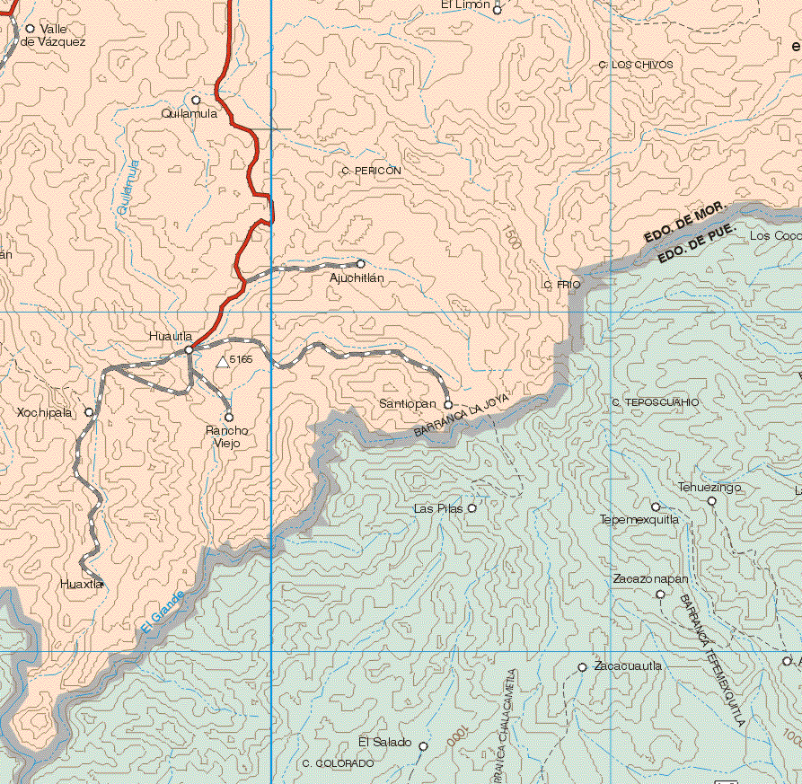 The map also shows the towns (pueblos) of Valle de Vázquez, El Limón, Quilamula, Ajuchitlan, Huautla, Xochipala, Rancho Viejo, Santiopan.