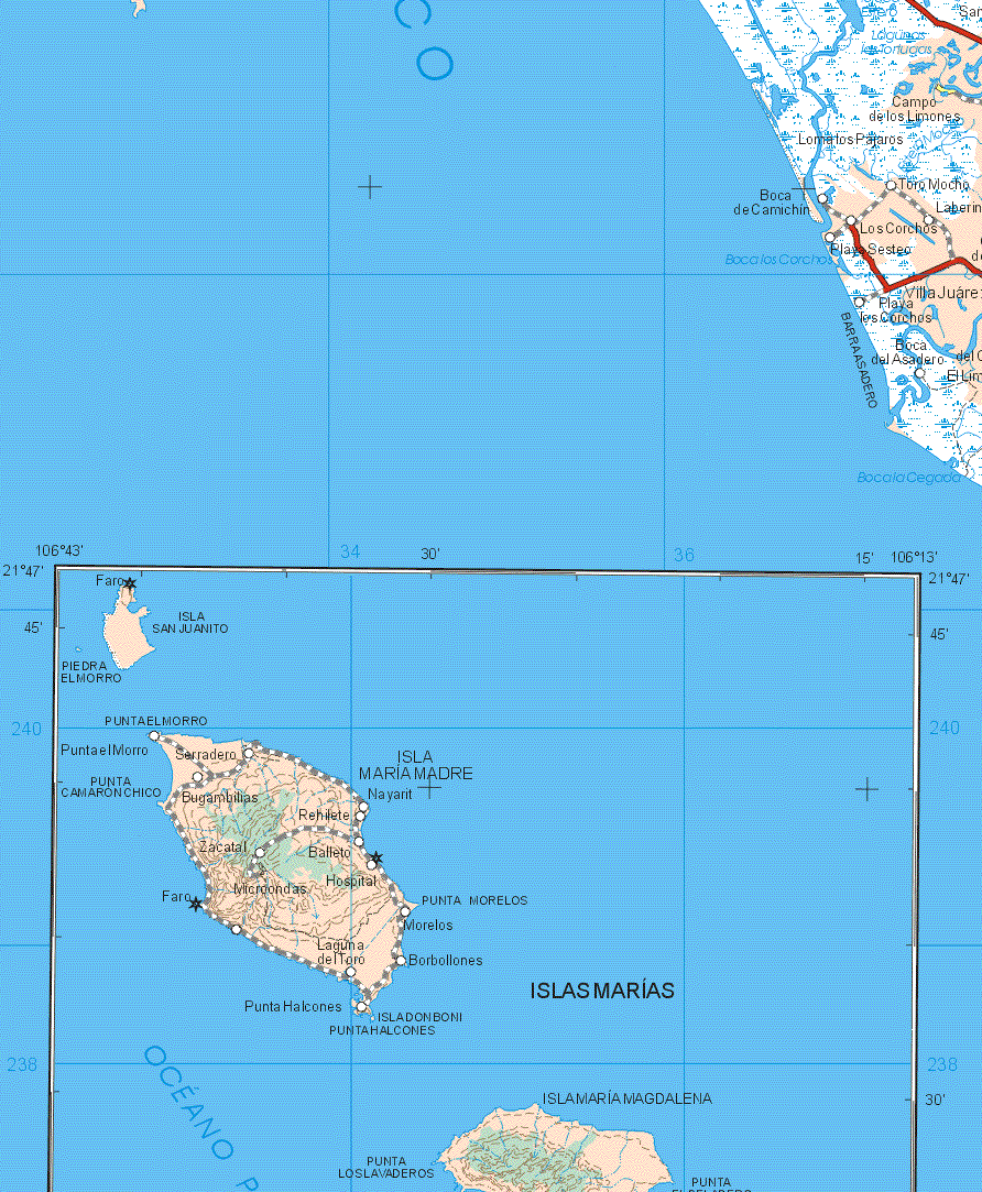 This map shows the major cities (ciudades) of Campo de los Limones.The map also shows the towns (pueblos) of Loma los Pájaros, Toro Mocho, Boca de Camichin, Los Corchos, Playa Sesteo, Villa Juárez, Boca del Asadero, Isla San Juanito, Isla Maria madre, Isla Maria Magdalena.