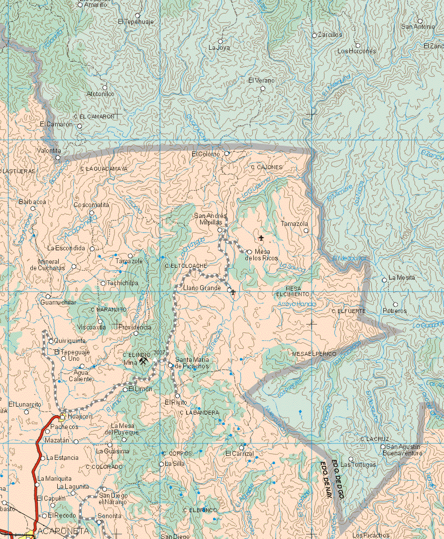 This map shows the major cities (ciudades) of Huajicori, Acaponeta.The map also shows the towns (pueblos) of Valontita, El Colomo, Barbacoa, Coscomaltita, San Andrés Milpillas, Tamazola, La Escondida, Mesa de los Ricos, Tamazole, Mineral de Cucharas, Tachichilpa, Llano Grande, Guamuchilar, Viscuaxtla, Providencia, Quiviquinta, El Tepeguaje Uno, Santa Maria de Picachos, Agua Caliente, El Limón, El Lunarcito, El Riyito, Pachecos, La Mesa del Puyeque, Mazatan, La Guasima, El Carrizal, La Estancia, La Silla, La Maquinita, La Lagunita, El Capulín, San Diego el Naranjo, El Recodo, Señorita.