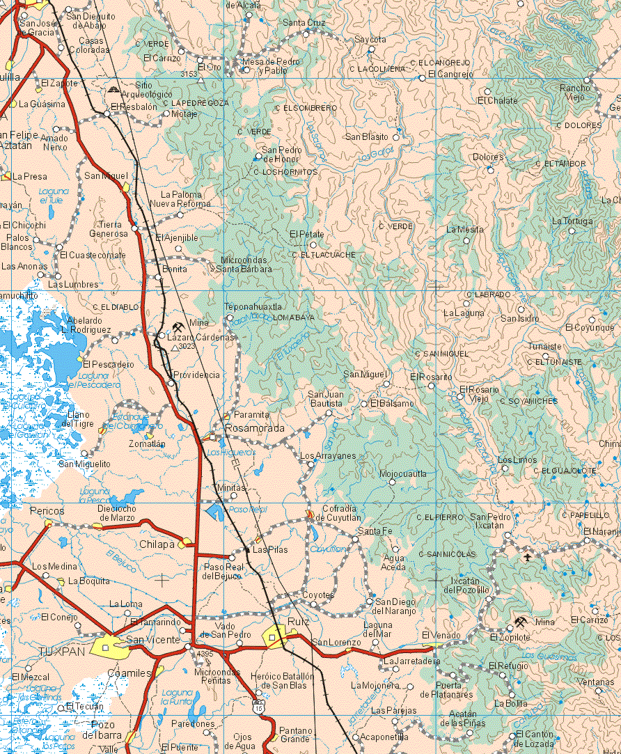 This map shows the major cities (ciudades) of El Zapote, La Guasima, San Felipe Amazatan, San Miguel, La Presa, El Pescadero, Llano del Tigre, Zomatlan, Paramita, Rosamorada, Pericos, Dieciocho de Marzo, Cofradía de Coyutlan, Las Pilas, Chilapa, La Boquita, Tuxpan, Coamiles, Ruiz, San Lorenzo, El Venado, Pozo de Ibarra.The map also shows the towns (pueblos) of San José de Gracia, San Dieguito de Abajo, Santa Cruz, Casas Coloradas, Saycota, El Carrizo, El Oro, mesa de Pedro y Pablo, El Cangrejo, Rancho Viejo, El Cálate, Mutaje, El Resbalón, Amado Nervo, San Blasito, Dolores, San Pedro de Honor, La Paloma Nueva Reforma, El Chicochi, Palos Blancos, Tierra Generosa, El Ajenijible, El Petate, La Mesita, La Tortuga, El Cuastecomate, Las Anonas, Las Lumbres, Bonita, El Tlacuache, Las Lumbres, Abelardo L. Rodríguez, Teponahuaxtla, La Laguna, San Isidro, El Coyunque, Lázaro Cárdenas, Tunaiste, Providencia, San Miguel, El Rosario, El Rosario Viejo, San Juan Bautista, El Bálsamo, San Miguelito, Los Arrayanes, Los Limos, Mojocuautla, Minitas, San Pedro Ixcatan, El Naranjo, San Fe, Paso Real del Bejuco, Agua Aceda, Los Medinas, Ixcatan del Pozillo, La Loma, Coyote, San Diego del Naranjo, El Conejo, El Tamarindo, Vaso de San Pedro, Laguna del Mar, El Zopilote, El Carrizo, San Vicente, El Mezcal, Heroico Batallon de San Blas, La Jarretadera, El Refugio, La Mojoneta, Puerta de Platanares, Ventanas, La Bolita, El Tecuan, Paredones, Las Parejas, Acatan de las Piñas, Ojos de Agua, El Puente, El Cantón de Lozada, Acaponeta.