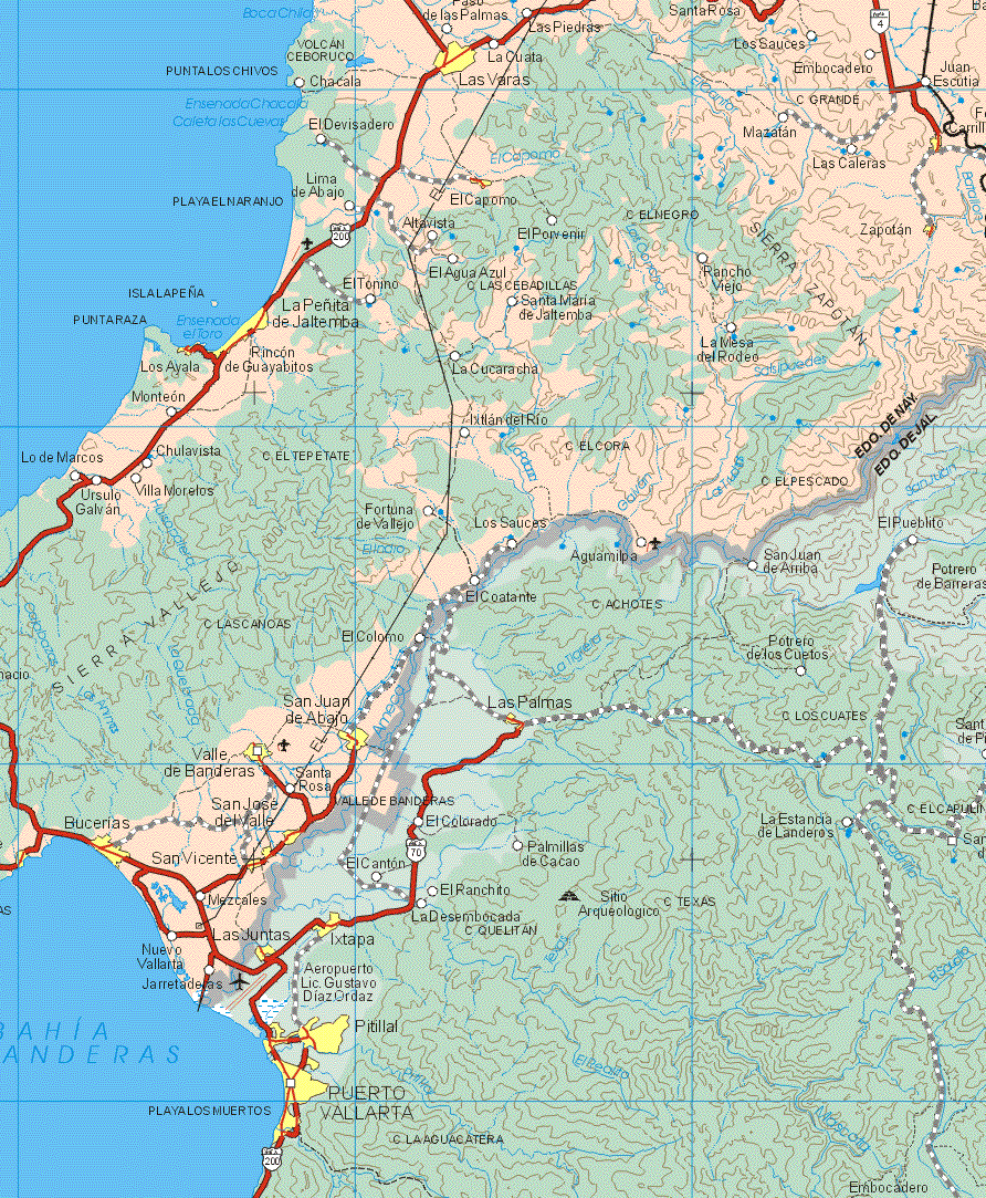 This map shows the major cities (ciudades) of Las Varas, El Capomo, Zapotan, Rincón de Guayabitos, Los Ayala, San Juan de Abajo, Valle de Banderas, Bucearías, San Vicente. The map also shows the towns (pueblos) of Chacala, Paso de las Palmas, Las Piedras, Santa Rosa, Los Sauces, Embocadero, Juan Escutia, La Cuata, Chacala, El Desviadero, Mazatan, Las Caleras, lima de Abajo, Altavista, El Porvenir, El Tonino, El Agua Azul, Rancho Viejo, Santa Maria de Jaltemba, La Mesa del Rodeo, La Peñita de Jaltemba, La Cucaracha, Monteon, Ixtlan del Río, Lo de Marcos, Chulavista, Ursulo Galván, Villa Morelos, Fortuna de Vallejo, Los Sauces, El Constante, El Colomo, Santa Rosa, mezcales, Nuevo Vallarta, Jarretaderas.
