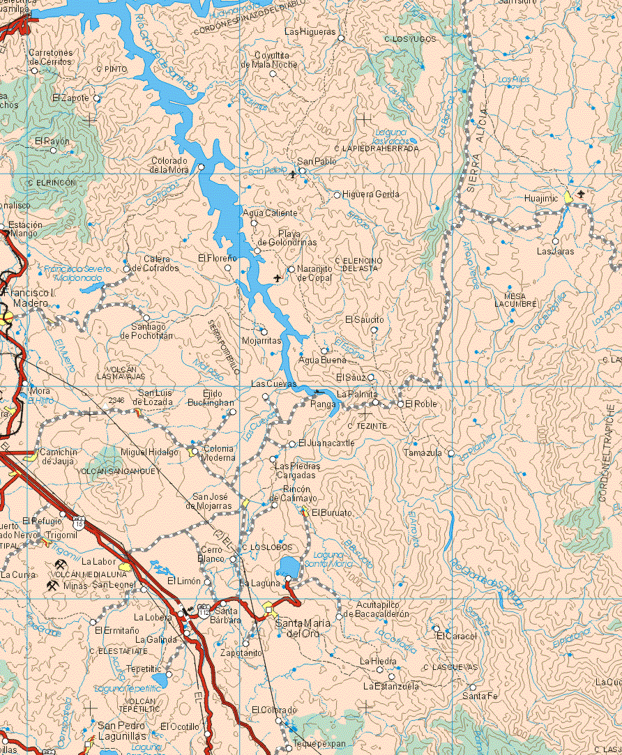 This map shows the major cities (ciudades) of Huajimic, Francisco I. Madero, San Luis de Lozada, Camichin de Jauja, Miguel Hidalgo, Camichin de Jaula, San José de Mojarras, El Buruato, Trigomil, La Labor, Santa Maria del Oro, San Pedro Lagunillas.The map also shows the towns (pueblos) of Carretones de Cerritos, Coyoltita de Mala Noche, Las Higueras, El Zapote, El Rayón, Colorado de la Mora, San Pablo, Higuera Gorda, Agua Caliente, Estación Mango, Playa de Golondrinas, Las Jaras, Calera de Cofrados, El Floreño, Naranjito de Copal, Santiago de Pochotitlan, Mojarrillas, El Saucito, Agua Buena, Mora, El Sauz, Ejido Buckingham, La Palmita, El Roble, Colonia Moderna, El Juanacaxtla, Tamazula, Las Piedras Cargadas, Rincón de Calimayo, El Refugio, Cerro Blanco, San Leonel, El Limón, La Laguna, La Lobera, Santa Bárbara, Acuitapilco de Baca Calderón, El Ermitaño, La Calinda, Zapotanito, El Caracol, Tepetiltic, La Hiedra, La Estanzuela, Santa Fe, El Colorado, Tequepexpan, El Ocotillo.