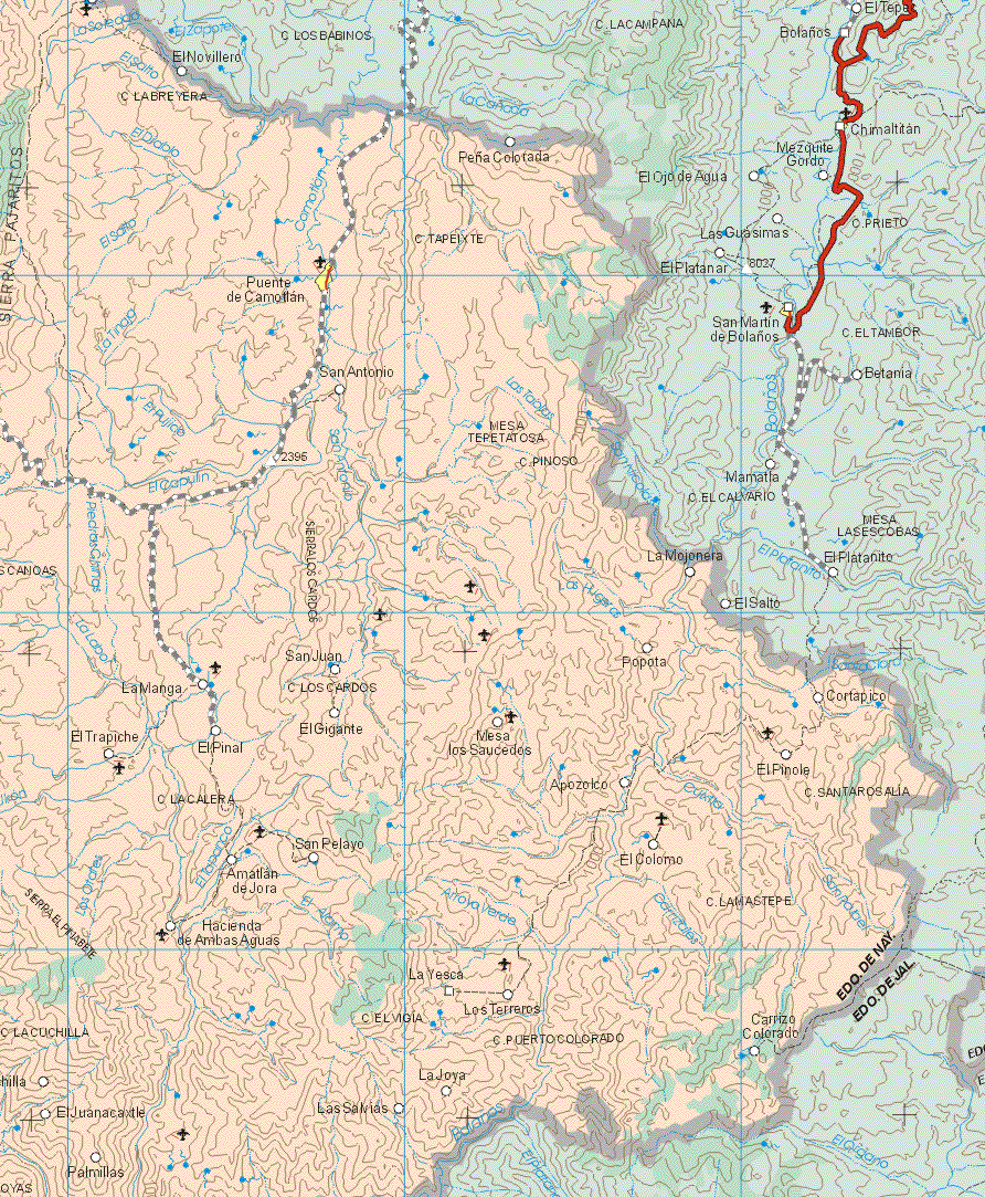 This map shows the major cities (ciudades) of Puente de Camotlan.The map also shows the towns (pueblos) of El Novillero, Peña Colorada, San Antonio, La Mojonera, San Juan, Popota, La Manga, Cortapico, El Trapiche, El Giganta, El Pinal ,Mesa los Saucedos, El Pinole, Apozolco, San Pelayo, El Colomo, Amatlan de Jora, Hacienda de Ambas Aguas, La Yesca, Los Terrenos, La Joya, El Huanacaxtle, Palmillas, Las Salvias, Carrizo Colorado.