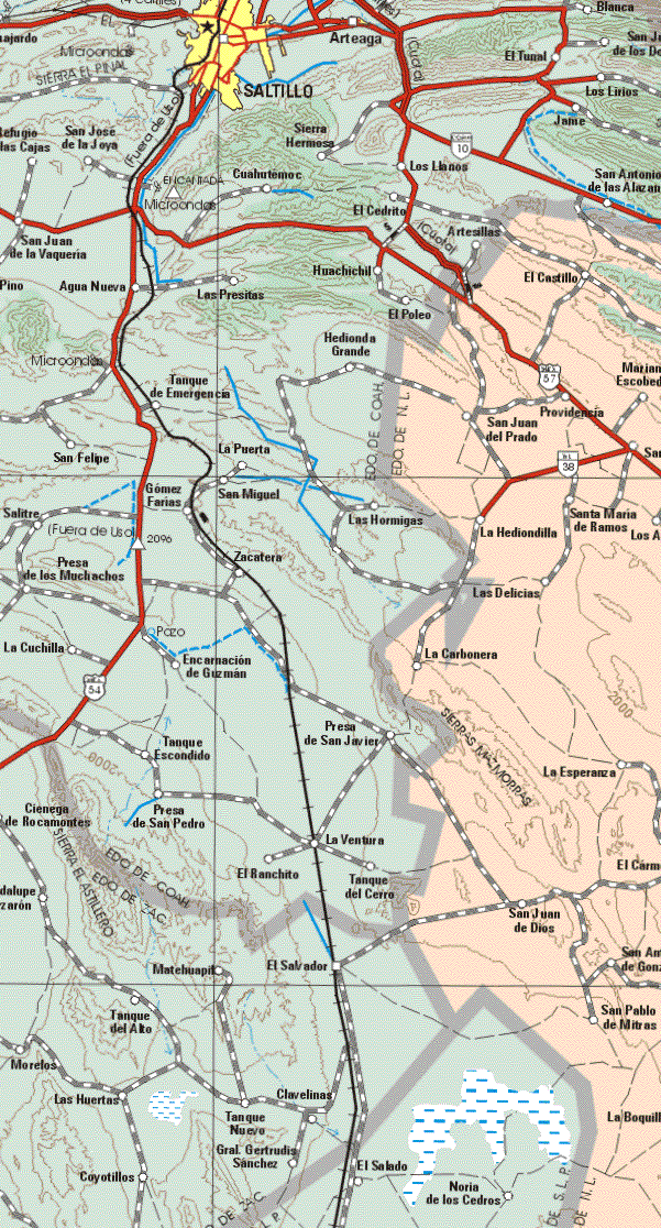 The map also shows the towns (pueblos) of El Castillo, Mariano Escobedo, Mariano Escobedo, Providencia, San Juan del Prado, Santa Maria de Ramos, La Hediondilla, Las Delicias, La Carbonera, La Esperanza, El Carmen, San Juan de Dios, San Pablo de Nitras, La Boquilla, Los Adobes, San Antonio de Gonzáles.