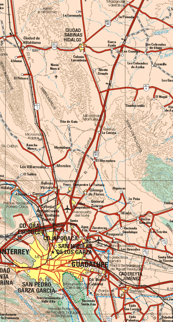 This map shows the major cities (ciudades) of Ciudad Sabinas Hidalgo, Hidalgo, Salinas Victoria, Frac. Campestre la Fortuna, Ciénega de Flores, Carmen, Colonia Agropecuaria Gral. Emiliano Zapata, Villas Campestres, Santa Rosa, Ciudad Gral. Escobedo, Ciudad Apodaca, San Nicolás de los Garza, Guadalupe, Monterrey, Cadereyta Jiménez, Ciudad Benito Juárez.The map also shows the towns (pueblos) of La Enramada, La Peinada, Ciudad de Villaldama, Garza Ayala, Los Colorados de Abajo, Las Comitas, Aldama, Noria Nueva, Colonia Larraldeña, Los Colorados de Arriba, Fresnillo, Monte Grande, El Potrero, El Nogal, Sombreretillo, Ojo de Agua, Uña de Gato, La Cuesta, Rancho Nuevo, Mamulique, Los Garza, El Merendero, Los Villareales, Morales, El Salitre, Higueras, General Zauzua, La Peña, Marín, Doctor González, Agua Fría, Zacatecas, Pesquería, Hacienda Guadalupe, Los Treviño, Los Girasoles, Santa Maria la Floreña, Hacienda Santa Ana, Fraccionamiento Valle Alto, Ejido San Lorenzo, Ejido Palmitos, Soledad Herrera, San Juan.
