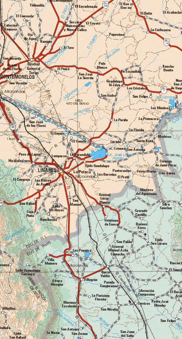 This map shows the major cities (ciudades) of Ciudad General Terán, Linarez, La Petaca.The map also shows the towns (pueblos) of Tlahualilo, El Encadenado, El Que Si Que No, El Botín, El Azabache, El Consuelo, Estación Vaquero, Sección Numero Diecinueve Calles, El Coyote, La Carbonera, Ojo de Agua, Pajareños, Ramírez, El Toro, San Gerardo, El Pame, El Blanco, La Escondida, Rancho Bonito, Puerta de las Flores, Montemorelos, San José de la Sierrita, San Vicente, Guadalupe la Joya, Los Cristales, San Isidro, San Felipe, Los mimbres, San José de las Flores, El Coyote, La Partida, La Primavera, El Coyote, La Florida, El Canelo, Maderos, Lazada, Leones, San Antonio, Paso de Lajas, Lampazos, La Escondida, Hualahuises, Ejido Guadalupe, Pontezuelas, Ciénega de Juan Pérez, Las Barredas, El pretil, Jesús Maria, El Cangrejo, Las Raíces de Arriba, San Rafael, San Manuel, Ejido de los Hoyos, Caja Pinta, Rancherías, Milpillas, Ejido San Rafael.