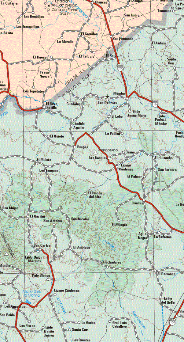 The map also shows the towns (pueblos) of La Guitarra, Las Boquillas, las Trasquillas, El hueso, Presa Nueva, Los Tapetes, La Muralla, El Refugio, El Corralón, Blancas, San Fernando, San Isidro, El Zanjon.