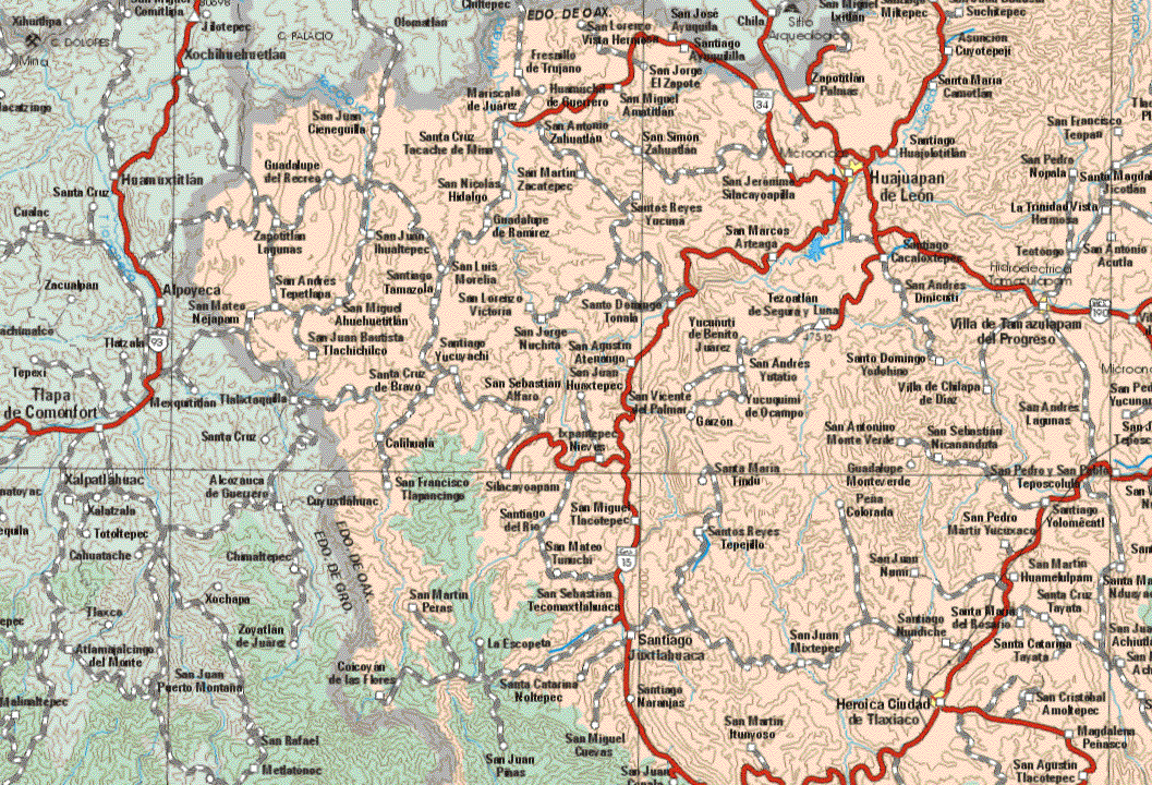 This map shows the major cities (ciudades) of Huajuapan de León, Villa de Tamazulapan del Progreso, Heroica Ciudad de Tlaxiaco.The map also shows the towns (pueblos) of San Miguel Ixtlan, Suchiltepec, San Lorenzo Vistahermosa, Ayuquila, Santiago Ayuquila, Asunción Cuyotepeji, Fresnillo de Trujano, San Jorge, El Zapote, Zapotitlan Palmas, Santa Maria Camotlan, Mariscala de Juárez, Guamúchil de Guerrero, San Miguel Ametitlan, Palmas, Camotlan, San Juan Cieneguilla, Santa Cruz Tecache de Mina, San Antonio Zahuatlan, Santiago Huajolotitlan, San Francisco Teopas, San Simón Zahuatlan, Guadalupe el Recreo, San Nicolás Hidalgo, San Martín Zacatepec, Santos Reyes Yucuna, San Jerónimo Silacayoapilla, San Pedro Nopala, Santa Magdalena Jicotlan, La Trinidad Vista Hermosa, Zapotitlan Lagunas, San Juan Ihualtepec, Guadalupe de Ramírez, San Marcos Arteaga, Santiago Cacalostepec, Teoteaga, San Antonio Acutla, San Andrés Tepetlapa, Santiago Tamazula, San Luis Morelia, San Andrés Dinicuti, San Mateo Nejapam, San Miguel Ahuhueticlan, San Lorenzo Victoria, Santo Domingo Tonala, Tezontlan de Seguro y Luna, San Juan Bautista Tlachichilco, Santiago Yucuyachi, San Jorge Nuchita, San Agustín Atenango, Yucahuti de Benito Juárez, San Andrés Yutatio, Santo Domingo Yodohipo, Santa Cruz de Bravo, San Juan Huaxtapec, San Sebastián Alfaro, San Vicente del Palmar, Yucuquimi de Ocampo, Villachilapa de Díaz, San Andrés de Lagunas, San Pedro Yucunal, Garzón, Calihuata, Ixpantepec Nieves, San Antonio Monte Verde, San Sebastián Nicananduta, San Francisco Tlapancingo, Silacayoapan, Santa Maria Hindú, Guadalupe Monte Verde, San Pedro y San pablo Teposcoludo, Santiago del Río, San Miguel Tlacotepec, Santos Reyes Tepejillo, Peña Colorada, San Pedro Martín Yucuxaco, Santiago Yolomecatl, San Mateo Tunuchi, San Juan Numi, San Martín Huamelulpan, Santa Cruz Tayata, San Martín Peras, San Sebastián Tecomaxtlahuaca, Santa Cruz Tayata, La Escopeta, Santiago Juxtlahuaca, San Juan Mixtepec, Santiago Nundiche, Santa Catarina Tayata, Santa Catarina Noltepec, San Juan Piñas, Santiago Naranjas, San Miguel Cuevas, San Martín Hunyoso, San Cristóbal Amotepec, Magdalena Peñasco, San Agustín Tlacoltepec.