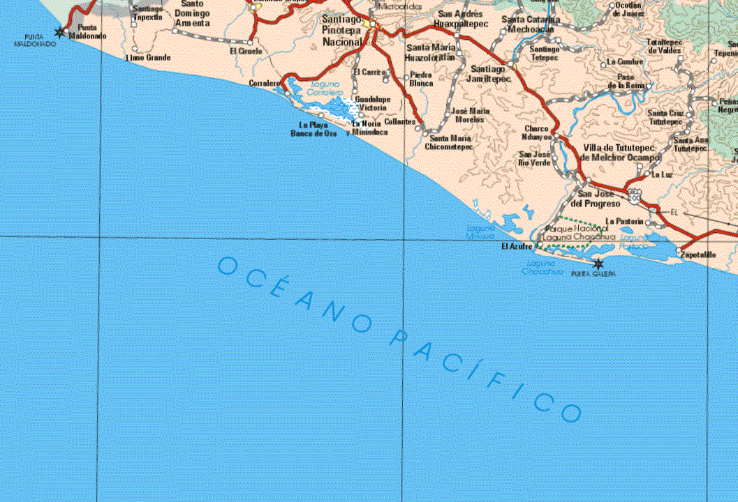 This map shows the major cities (ciudades) of Santiago Pinotepa Nacional, Santiago Jamiltepec.The map also shows the towns (pueblos) of Punta Maldonado, Santiago Tapextla, Llano Grande, Santo Domingo Armenta, El Ciruelo, Corralero, El Carrizo, Guadalupe Victoria, La Playa banco de Oro, La Noria y Mimindaca, Collantes, San Andrés Huaxpaltepec, Santa Maria Hirazolotitlan, Piedra Blanca, Santa Maria Cochimetepec, José Maria Morelos, Santa Catarina Mechoapan, Ocodon de Juárez, Santiago Tetepec, Tetaltepec de Valdez, Santiago Tetepec, La Cumbre, Paso de la Reforma, Santa Cruz Titultepec, Charco N., Santa Ana Tututepec, Villa de Tututepec de Melchor Ocampo, San José del Progreso, La Pastoria, El Azufre, Zapotalillo.