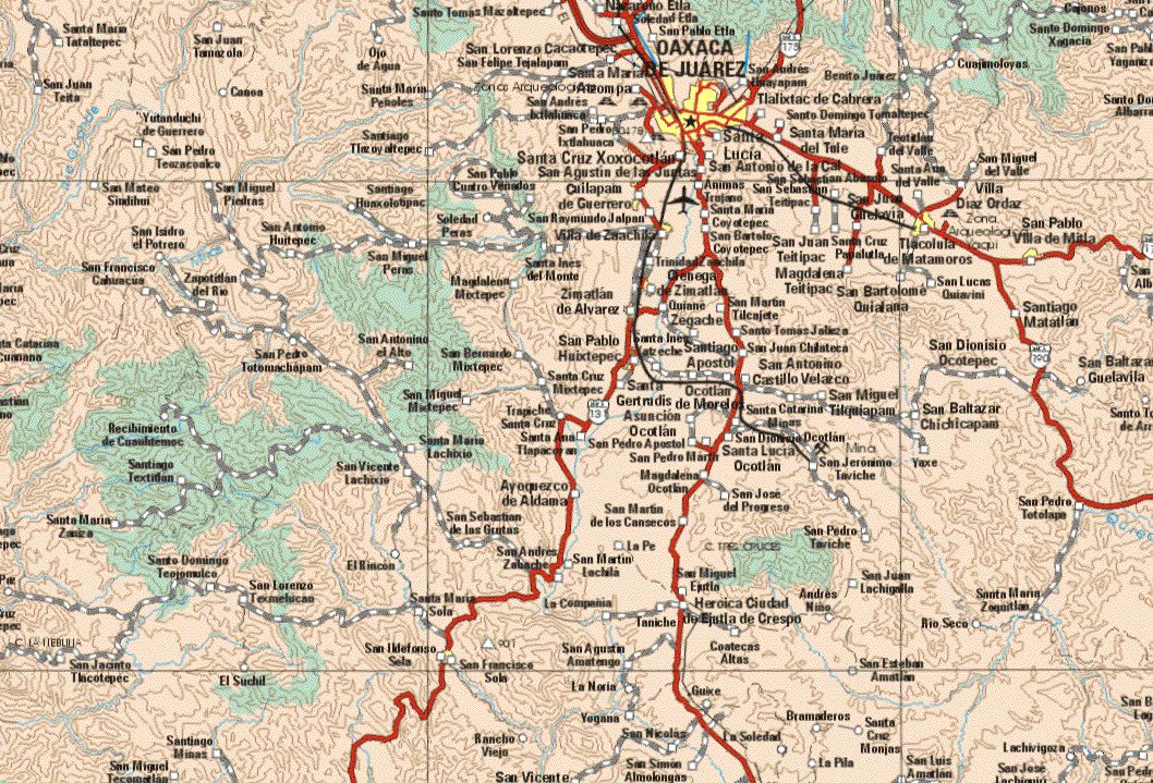 This map shows the major cities (ciudades) of Oaxaca de Juárez, Chilapan de Guerrero, San Pablo Villa de Mitla, Tlacolula Matamoros, Ciénega de Zimatlan, Santa Gertrudis de Asunción, San Francisco Sola, Cuilapan de Guerrero, San Pablo Huixtepec.The map also shows the towns (pueblos) of Santa Maria Tataltepec, San Juan Tamazula, Ojo de Agua, San Lorenzo Cacatepec, San Felipe Tejalapan, Soledad Etla, San Pablo Etla, Santa Maria, San Andrés Urayapan, Benito Juárez, Cuajimoloyas, Cajonos, Santo Domingo Xagacia, San Juan Teita, Canoa, Santa Maria Peñoles, San Andrés Ixtlalunca, Tlalixtac de Cabrera, Santo Domingo Tenaltepec, Yutanduchi de Guerrero, Santiago Tlayozoltepec, San Pedro Ixtlahuaca, Santa Lucia, Santa Maria del Tule, Teotitlan del Valle, San Pedro Teozacoalco, Tlacoyaltepec, Santa Cruz Xoxocotlan, San Agustín de las juntas, San Antonio de la Cal, Santa Ana del Valle, San Mateo Sindihui, San Miguel Piedras, Santiago Huaxolotepec, San Pablo Cuatro Venados, Aninas Trujano, San Sebastián Abasolo, Villa Díaz Ordaz, Santiago Matatlan, San Baltazar Guelavila, San Lorenzo Alvarado, Santo Tomas de Arriba, Santa Maria Coyotepec, San Juan Girelovia, San Bartolo Coyotepec, San Juan Tetipac, Santa Cruz Papalutla, Magdalena Teltipac, San Lucas Quiavini, San Bartolome Quiafana, San Martín Tilcajte, Santo Tomas Jalieza, San Juan Chisteca, San Dionicio Ocotepec, San Antonio Castillo Velazco, San Miguel Tilquiapan, San Baltazar Chichicapan, Santa Catarina Minas, San Dionisio Ocotlan, Santa Lucia Ocotlan, San Jerónimo Taviche, Yaxe, San José del Progreso, San Pedro Taviche, San Pedro Totolape, San Miguel Ejutla, Heroica Ciudad de Ejutla de Crespo, Andrés Niño, San Juan Lechigilla, Santa Maria Zequitlan, Coatecas Altas, Río Seco, San Esteban Amatlan, Guixe, La Soledad, Bramaderos, Santa Cruz Monjas, La Pila, San Luis Amatlan, Lachivhigoza, San José L., San Pedro Monte, San Baltazar Laguna, Trinidad Zacachila, Quiane, Zegache, Santa Inés Yatzeche, Santiago Apóstol, Ocotlan de Morelos, Asunción Ocotlan, San Pedro Apóstol, San Pedro Mártir, Magdalena Ocotlan, San Martín de los Cansecos, La Fe, San Martín Lachila, La Compañía, Taniche, San Agustín Amatengo, La Noria, Yogana, San Nicolás, San Simón Almohadas, Rancho Viejo, San Vicente, San Mateo Sindihui, San Miguel Piedras Santiago Huaxolotipac, San Raymundo Jalpan, San Isidro el Potrero, San Antonio Huitepec, Soledad Peras, Villa de Zaachila, San Francisco Cahuacusa, Zapotitlan del Río, Santa Inés del Monte, Magdalena Mixtepec, Zimatlan de Alvarez, San Pedro Totonuachapam,San Antonio del Alto, San Bernardo Mixtepec, Santa Cruz Mixtepec, San Miguel Mixtepec, Recibimiento de Cuauhtemoc, Santa Maria Lachixio Santa Ana Tlapacoy, Santiago Textitlan, San Vicente Lechixio, Ayogrezco de Aldama, San Sebastián de las Grutas, Santa Maria Zuñiga, Santo Domingo Teojomulco, El Rincón, San Lorenzo Texmelucan, San Andrés Zabache, Santa Maria Sola, San Jacinto Tlacotepec, El Suchil San Idelfonso Sola, Santiago Minas, San Miguel Tecomitlan.