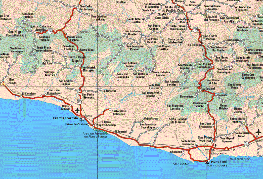 This map shows the major cities (ciudades) of Río Grande, Puerto Escondido, Mihuatlan de Porfirio Díaz, San pedro Pochutla, Santa Maria Huatulco.The map also shows the towns (pueblos) of Santa Cruz Catlahuaca, San Juan Quiahije, Santa Catarina Jaquila, San Miguel Pamixtlaluraca, Santiago Yaitepec, San Marcos Zacatepec, Santa Maria Temaxcaltepec San Juan Lachao, Cerro del Aire, Santos Reyes Nopala, Santiago Cuixtla, San Andrés Copala, San José Moniultepec, El Cacalote, Bajos de Chila, San Cristóbal Honduras, Santa Catarina Coatlan, Santa Cruz Xitla, Santa Catarina Cuixtla, San Pedro Coatlan, Santo Tomasa Tamazulapan, San Jerónimo Coatlan, San Pablo Coatlan, Santo Tomas Tomazulapan, Santa Lucia Mialuatlan, La Ciénega, San Sebastián Coatlan, San Miguel Coatlan, San Antonio Lalana, San Vicente Yugodoy, San Miguel Suchixtepec, San José Cieneguilla, San Baltazar Loxicho, Santa Catarina Loxicha, San Agustín Loxicha, La Reforma, San pedro Mixtepec, San Bartolome Loxicha, Buenavista, Candelaria Loxicha, San Francisco Loxicha, Santa Maria Colotepec, Brisas de Zicatela, La barra 1ª Sección, El Tomatal, Valdeflores, Santo Domingo de Morelos, San José Chacapalapa, Santa Maria Tonameca, Chacahua, Sitio de Xitlapetura, San Idelfonso Amatlan, San Francisco Lagueche, San José de Peñasco, San Cristóbal Amatlan, San Juan Mixtepec, Santa Catarina Quioquitan, San Juan Mixtepec, San Andrés Paxtlan, Cieneguilla, San Sebastián Río Hondo, Santa Maria Ozolotepec, San Francisco Ozolotepec, San Marcial Ozolotepec, Santa Cruz Ozolotepec, San Pedro el Alto, San Mateo Piñas, La Soledad, Capalita, Pluma hidalgo, Benito Juárez, Santa Maria Limón, San Miguel Figueroa, Puerto Angel.