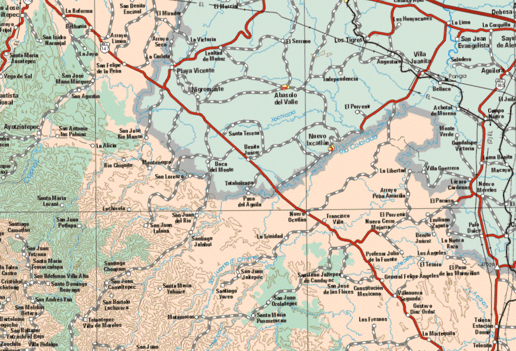 The map also shows the towns (pueblos) of San José Jiltepec, La Reforma, San Benito Encinal, El Mirador, Berbania, San isidro Naranjal, Arroyo Limón, La Joya, Santa Maria Jacatepec, San Felipe de la Peña, Vega del Sol, San José Mano Márquez, San Agustín, Ayotzintepec, San Antonio las Palmas, San José Río Manso, La Alicia, Río Chiquito, Montenegro, La Libertad, San Lorenzo, Santa Maria Lovani, Lucíosla, Paso del Aguila, Arroyo Fecha Amarilla, El Paraíso, Santiago Comotlan, San Juan Petlapa, San Juan Lalana, San Juan del Río, Nuevo Ocotlan, Francisco Villa, El Porvenir, Nuevo Cerro Mojarra, Emiliano Zapata, Santiago Jalahui, La Trinidad, benito Juárez, La Nueva Raza, San Juan Yatzona, Profesor Julio de la Fuente, los Angeles, Santa Maria Temaxcalapa, Santiago Choapan, San Idelfonso Villa Alta, San Juan Jiltepec, San Juan Jaltepec de Candeyoc, El Paso de las Maravillas, Gral. Felipe Angeles, Santo Domingo Reynaga, San Juan Comaltepec, Santa Maria Yahuire, Santiago Yareo, San José de las Flores, Constitución Mexicana, Villanueva Segundo, San Andrés Yaa, San Bartolo Lachorova, San Juan Ozolotepec, San Melchor Betaza, Totontepec Villa de Morelos, Matamoros, Santa Mara Puxmetacan, Los Fresnos, Gustavo Díaz Ordaz, San Baltasar Yatzachi el Bajo, Villa Hidalgo, Tolosita, Tolosa Estación Donai.