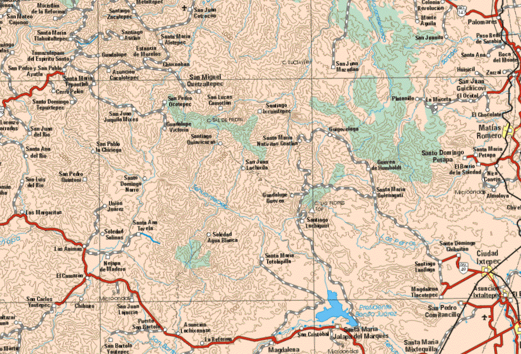 This map shows the major cities (ciudades) of Matías Romero, Santiago Ixtepec, Santa Maria Jalapa de Márquez, Asunción Ixtaltepec.The map also shows the towns (pueblos) of San Mateo Cajonas, Mixistlan de la Reforma, Santiago Zacatepec, San Juan Cotzocon, Colonia Revolución, Monte Aguila, Palomares, Santa Maria Tlahutoltepec, Santiago Atitlan, Santa Maria Alotepec, San Juanito, Peso Real de Sarabia, Tamazulapan del Espíritu Santo, Guadalupe, Estancia de Morelos, Santa Ana, San Juan Mazatlan, Boca del Monte, Chuxnaban, Santa Maria Tepantlali, Asunción Cacalotepec, Huisicil, Zarzal, San Miguel Quetzaltepec, San Juan Guichicovi, Cerro Pelón ,Santo Domingo Tepuxtepec, San Pedro Ocotepec, San Lucas Comotlan, Santiago Ixcuintepec, Platanillo, La Maceta, El Ocotal, San Juan Junquilla Mixes, El Chocolate, San Juan del Río, Guadalupe Victoria, Guigovelaga, Santiago Q., Santa Maria Nativas Costlan, San Pablo la Chiriega, Santa Ana del Río, Santa Maria Petapa, Santo Domingo Petapa, San Juan Lachixla, Guevea de Humboldi, El Barrio de la Soledad, Nita conejo, San Luis del Río, San Pedro Quixtoni, Santo Domingo narro, Las Margaritas, Unión Juárez, Soledad Salinas, Santa Ana Tavela, Santiago Lachiguiri, Soledad Salinas, Soledad Agua Blanca, Santo Domingo Chihuitan, Las Animas, Nejapa de Madero, Santa Maria Totolapilla, Santiago Laellaga, San Carlos Yautepec, Chihuiro, San Juan Lajarcia, puerto San Bartolo, San Bartolo Yautepec, Asunción Lachixonase, La Reforma, San Cristóbal, Magdalena, San Carlos Yautepec, Chihuiro, San Juan Lajarcia, Puerto San Bartolo, Santa Maria Mixtequilla, San Pedro Comitancillo, Magdalena Tlacotepec.