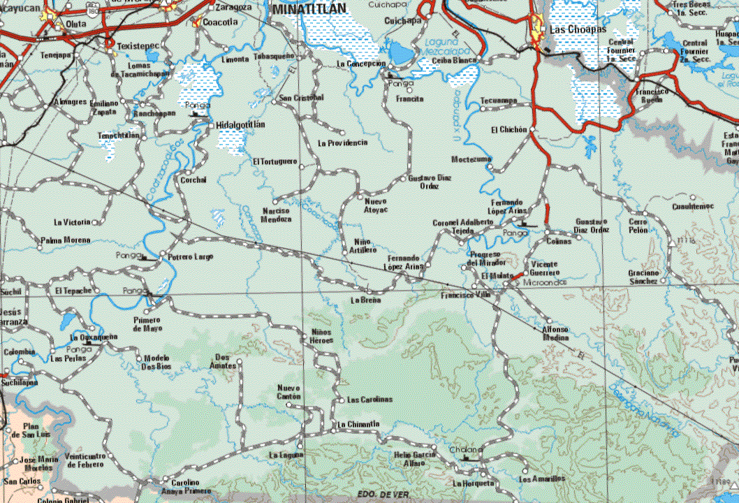 The map also shows the towns (pueblos) of Plan de San Luis, José Maria Morelos, San Carlos, Colonia Gabriel.