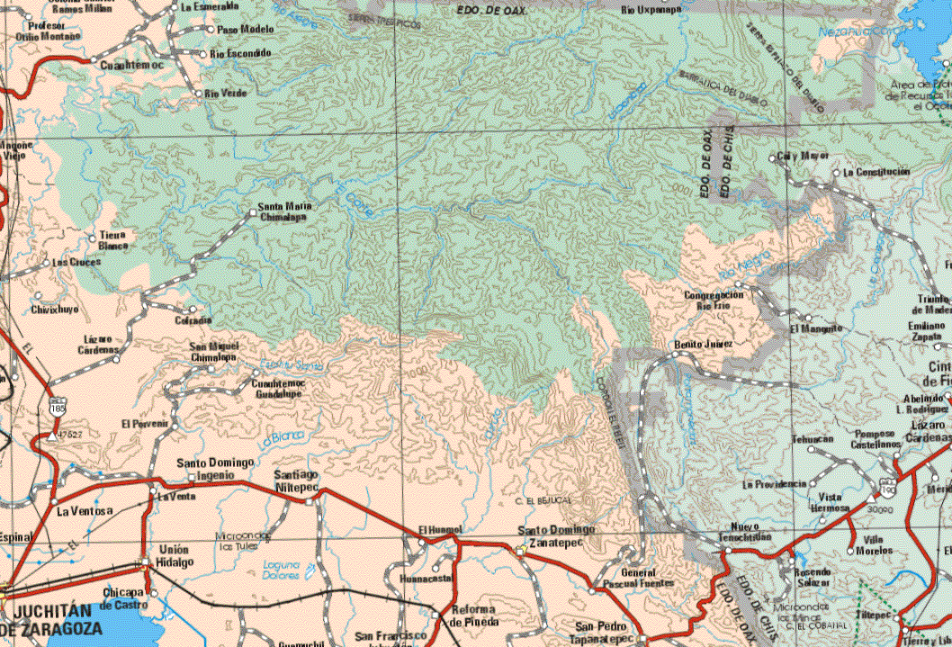 This map shows the major cities (ciudades) of Santo Domingo Zanatepec, Unión Hidalgo, San Pedro Tapasatepec.The map also shows the towns (pueblos) of Profesor Otilio Montejo, La Esmeralda, Paso Modelo, Cuauhtemoc, Río Escondido, Río Verde, Río Uxpanapa, Santa Maria Chimalapa, Tierra Blanca, Las Cruces, Chirixhuyo, Cofradía, Lázaro Cárdenas, Congregación Río Frío, Benito Juárez, San Miguel Chimalapa, Cuauhtemoc Guadalupe, El Porvenir, Santo Domingo Ingenio, Santiago Niltepec, La Ventosa, La Venta, El Huamol, Gral. Pascual Fuentes, Huanacasta, Chicapa de Castro, Reforma de Pineda.