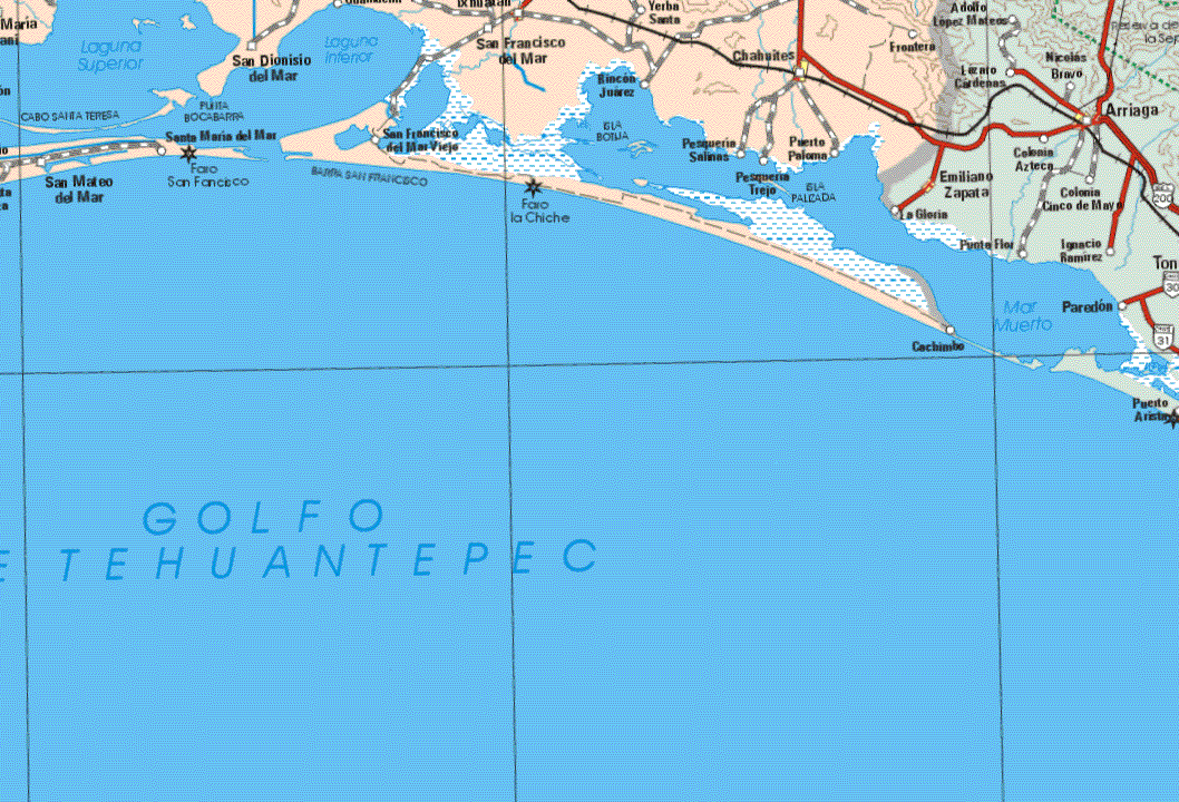 This map shows the major cities (ciudades) of Chahuites.The map also shows the towns (pueblos) of San Mateo del Mar, Santa Maria del Mar, San Dionisio del Mar, San Francisco del Mar, Yerba Santa, Rincón Juárez, Pesqueria Salinas, Puerto Paloma, Pesqueria Trejo, Frontera.