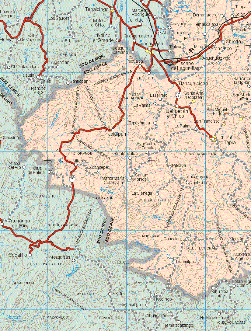 This map shows the major cities (ciudades) of Ahuhuetzingo, Tlancualpican, Santa Ana Tecolapa, Huhuetlan el Chico, San Miguel el Ejido, Chiautlan de Tapia.The map also shows the towns (pueblos) of Derramadero, Tilapa, Colon, Coayuca, Temascalapa, Atzata, El Organal, Chietla, Atencingo, Escape de Lagunillas, Joaquín Camaño, San Antonio las Iguanas, Tzicatlan, El Terrero, San Martín la Flor, La Palma, Jolalpan, Ayoxuxtla de Zapata, Senteocala, Mitepec, Xochitepec, Pilcaya, Santa Mónica, Santa Maria Cohetzala, Quetzotla, La Ciénega, Coacalco, Ixcamilpa.