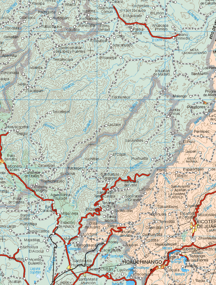 This map shows the major cities (ciudades) of Xicotepec de Juárez, Hualichinango, Tenango de las Flores.The map also shows the towns (pueblos) of Pantepec, El Pozo, Jalpan, Tlaxca, Papalocitan, Tiltepec, La Cueva, San Antonio Acatlan, Tlacuiltepec, Itzatlan, Tlapehuaca, Tenextitla, Xilepa, Pahuatlan del Valle, Ozomatlan Cuanueyatla, Lezotitla, Naupan, Necaxaltepec, Nuevo Necaxa, Jaltepec, Cuacuila, Taola, La Peñada de Colotla, Plan de Ayala, Cuanila.