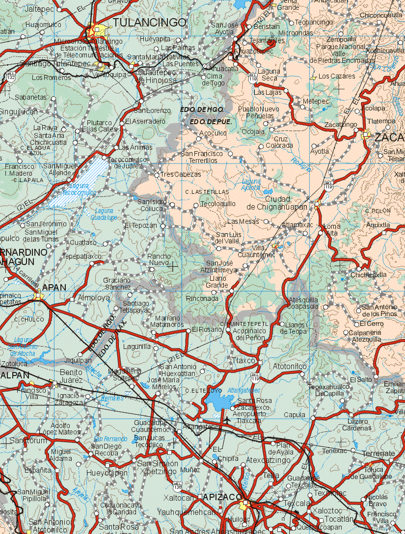 This map shows the major cities (ciudades) of Venta Grande, Los Cazares, Zacatzingo, Zacatlan, Ciudad de Chignahuapan, Villa Cuauhtemoc.The map also shows the towns (pueblos) of Teopancingo, Chicocuetla, Beristan, San José Ayotla, Tejamamles, Zempoala, Ahuazotepec, Xochicuatla, Ahuacatla, Laguna Seca, Las Lajas, Metepec, Pueblo Nuevo Peñuelas, Colapa, Tlatempa, Ocojala, Acoculco, San Francisco Terrerillos, Cruz Colorada, Ayotla, San Miguel Tenango, Tres Cabezas, San Isidro Coliuca, Tecoloquillo, Las Mesas, Atlamaxac, Loma Alta, Aquixtla, San Luis del Valle. San José Atzintlimeya, Chicbicaxtla, Llano Grande, Rinconada, Atesquilla Copasola, San Antonio de los Pinos, El Cerro, Calpaneria Atezquilla.