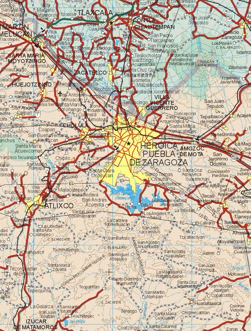 This map shows the major cities (ciudades) of Tiangasmanalco, San Martín Texmelucan, Santa Maria Moyotzingo, Michac, Huejotzingo, San Andrés Calpan, Vicente Guerrero, San Juan Tepulco, Acajeto, Tepetlaxco de Hidalgo, San Juan Cuatzingo, Cholula, Nealtican, San Andrés Cholula, Nenetzintla, Tlaxco, La Magdalena , San Bartolome Hueyapan, Santa Maria Acuexcomac, Tonantzintla, Heroica Puebla de Zaragoza, Amozac de Mota, San Jerónimo Ocotitla, Chipilo, Santo Tomas Chautla, Concepción Pardiñas, San Francisco Mixtla, Atlixco, Tecali de Herrera, Atoyempan, Huatlatlauca, Izucar de Matamoros.The map also shows the towns (pueblos) of San Matías Tlalancaleca, Tlacotepec, Temascalac, Xalmimilulco, Chiatzingo, Coyoctingo, Francisco Javier Mina, Tlaltenango, Tlaltenango, Domingo Arenas, San Antonio Mihuacan, Ocotlan, Santa Maria Coronango, Cuanala, Almoloya, Concepción Capulac, Santa Maria Xonacatepc, San Francisco Coapan, San Buenaventura, Atzompa, Francisco Tecuanipan, Santa Isabel, Temoxtitla, Santa Clara Ocoyucan, San Baltazar Torija, Santa Cruz Alpyuyeca, San Baltazar Torija, Santa Cruz Ajajalpan, San Luis Ajajalpan, Villa Nolasco, El León, Axocacapan, Malacotepec, Col. Emilio Portes Gil, La Joya, santa Lucia Cosamaloapan, Los Angeles Tetela, San Diego Acapulco, Huilotepec, La Libertad, San José Xacxaayo, Tzintlacoyan, Coatepec, San Bartolo, San Agustín Ahuhuetla, Juárez, Tochimiltzingo, Omampusco, San Nicolás Huajuapan, San Miguel Atlapulco, Santa Maria Zoyotla, Tezoneopan de Bonilla, La Magdalena Tlatlaquitepec, San Juan Atzompa, Molcaxac, San Miguel Ahuhuetlan, Tepeojuma, El Rodeo, La Galarza, San Juan Epatlan, Teopantlan, San Martín Tototepec, Xochiltepec, Santo Domingo Huehuetlan, Tenango, Coatzingo, San Martín Atempan, Santa Maria Cucualan, Santa Catarina Tlatempan, Chigmecatlan, Colonia Victoria, Santa Cruz Tapenaztle, San Nicolás Atlalpan, Copatcotitla.
