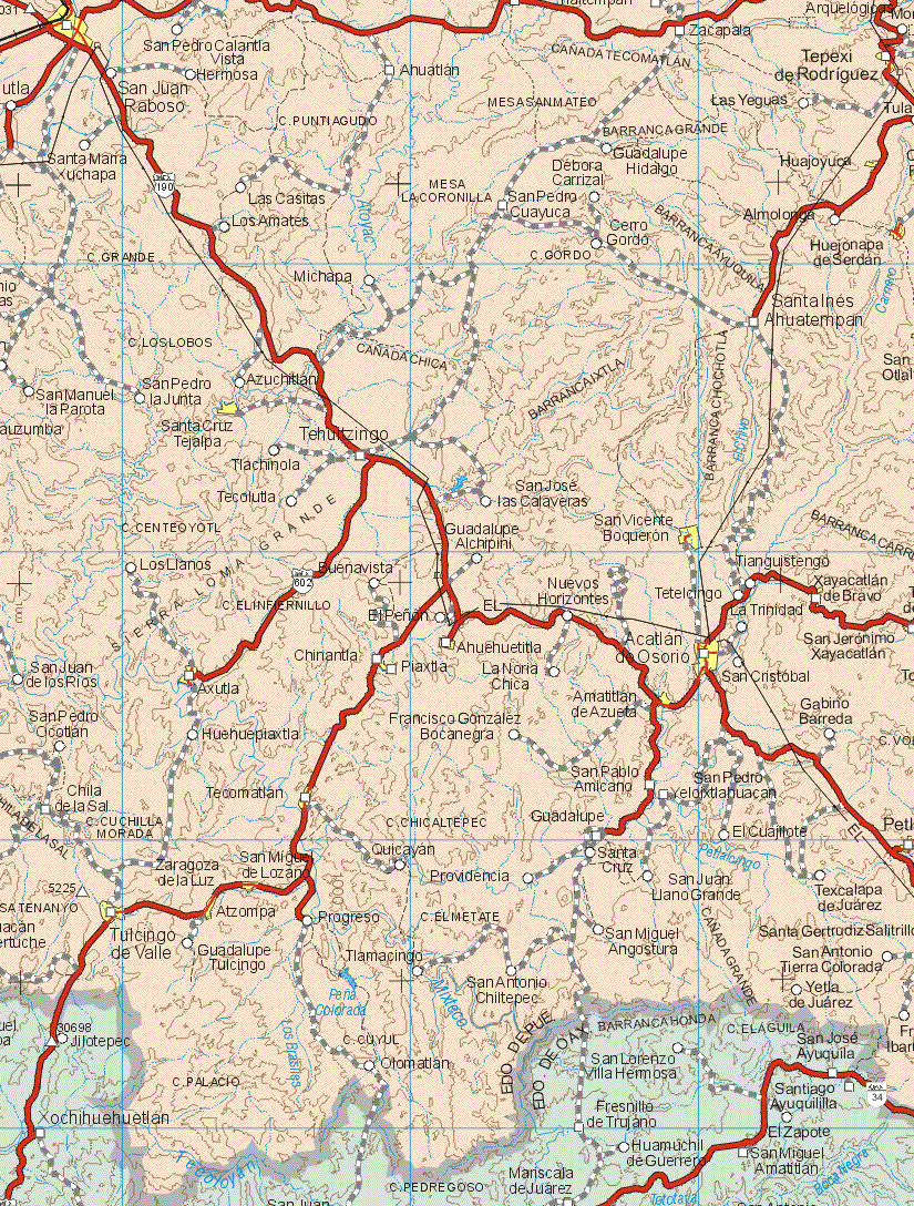 This map shows the major cities (ciudades) of Tepexi de Rodríguez, Huajoyuca, Huejonapan de Serdan, Santa Cruz Tejalpa, San Vicente Boqueron, Ayacatlan de Osorio, Ahuehuetitla, Axutla, Piaxtla, Amatitlan de Azueta, Gabino Barreda, Tecomatlan, San Miguel de Lozan, Zaragoza de la Luz, Atzompa, Tulcingo de Valle.The map also shows the towns (pueblos) of San Pedro Calantla, Vista Hermosa, San Juan Raboso, Ahuatlan, Zacapata, Las Yeguas, Santa Maria Xuchapa, Guadalupe Hidalgo, Debora Carrizal, Las Casitas, San Pedro Cuayuca, Almolonga, Los amates, Cerro Gordo, Michapa, Santa Inés Ahuatempan, San Manuel la Parota, San Pedro la Junta, Azutlan, Tehuitzingo, Tachinola, Tecolutla, San José las Calaveras, Guadalupe Alchipini, Los Llanos, Tianguistengo, Buenavista, Nuevos Horizontes, Tetelongo, Xayacatlan de Bravo, El Peñon, La Trinidad, San Jerónimo Sayacatlan, San Juan de los Ríos, La Noria Chica, San Cristóbal, San Pedro Ocotlan, Huhuepiaxtla, Francisco González Bocanegra, Chila de la Sal, San Pablo Amicano, San Pedro Yeloixtlahuacan, Guadalupe, El Cuajilote, Quicayan, Santa Cruz, Providencia, San Juan Llano Grande, Texcalapa de Juárez, Guadalupe Tulcingo, Progreso, Tlamacingo, San Miguel Angostura, Otomatlan, San Antonio Chiltepec, Sante Gertrudiz Salitrillo, San Antonio Tierra Colorada, Yetla de Juárez.