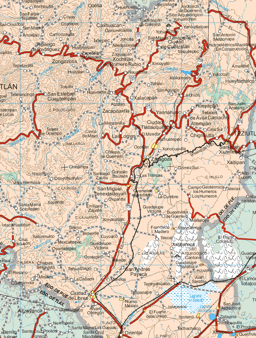 This map shows the major cities (ciudades) of Atempan, Tetziutl, Tehuaztepec, Ocotlan, San Juan Xiutetelco, Zaragoza San Miguel Tenextatiloyan, Ovameles de Hidalgo, Francisco I. Madero, Guadalupe Sarabia, Ciudad de Libres, Nuevo México, El Fuerte de la Unión, San José Alchichica, Izoteno, Chichihuatla, Oriental, Quechula.The map also shows the towns (pueblos) of Tlapacoyan, Xochicutla, Olintla, San Felipe Tepatlan, Coyay, Huhuetla, Reyes de Vallarta, Ayotoxco de Guerrero, San Cristóbal, San Mateo, Coatepec, Caxhuacan, Ozelonacaxtla, Yohuaichan, Yancuitlalpan, Amixtlan, Camocuautla, Ixtepec Jonolla, San Miguel Tzinacapan, San Antonio Metzonapa, Tepango de Rodríguez, Hueytlalpan, Atlequiyan, Ciudad de Cuetzalan, Zapotitlan de Méndez, Zoquiapan Xochitlan de Romero Rubio, Xocoyolo, Zongozotla, Tepetzintla, Huitzitan, Amatetel, Nauzentla, Yoloctzin, Atotocoyan, Hueytamalco, Talhific, Tolutla, Telelancingo, San Esteban Cuahtempan, Huauaxtla, Xacalapan, San Agustín, La Unión, Xalacapan, Atzalan, Hueyapan, San Juan Acateno, Zacapoaxtla, Yaonahuac, Teteles de Avila Camacho, Cala Sur, La Manzanilla, Ciudad de Tlatlauquitepec, Tétela de Ocampop, Cinco de Mayo, Las Lomas, El Mirador, Chignautla, Xonocuautla, Chilapa de Guerrero, Chinampa, Gómez Sur, Santiago Zautla, Gonzalo Bautista, Las Trancas, Alto Lucero, Ocoyuatulco, Vista hermosa, La Cumbre, Los Humeros, Atecax, Oxpantla, Xopanac, Santa Maria Sotoltepec, Emiliano Zapata, Guadalupe Victoria, Buenavista de Guerrero, Maxtoloya, Ixtacamaxtitlan, Tateno, Mancuernas, Temextla, Xalcomulco, Cuyoaco, Cruz de León, Mexcaltepec, Guadalupe Victoria, Texcal, Oyamatepec, Ocotepec, Allende, Chiapas Bellavista, Tehuatzingo, San Andrés Payuca, El Rosario, Minillas, la Cabaña, Morelos, Tepeyahualco, Juan Sarabia, Tetipanapa, Alvaro Obregón, Jalapasco, El Fuerte de la Unión, Zalayeta, El Progreso, Techachalco.