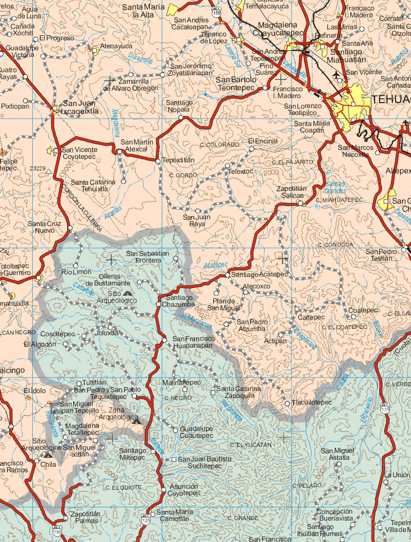 This map shows the major cities (ciudades) of Santa Maria la Alta, San Andrés Cacaloapan, Tepango de López, Magdalena Clayucatepec, Temalacayuca, Francisco I. Madero, Tepanco de López, Santiago Miahuatlan, Atenayuca, San Juan Ixcaquixtla, San Lorenzo Teotipilco, Santa Maria Coapan, Tehuacan, San Vicente Coyotepec, Altepexi, Zapotitlan Salinas, San Gabriel Chilac, Totoltepec de Guerrero, El Idolo.The map also shows the towns (pueblos) of Agua de Luna, Cañada de Xochil, El Progreso, Corratel, Las Minas, Santa Ana, Guadalupe Victoria, San Andrés Tepeteopan, San Vicente, San jerónimo Zoyatitlanapan, Pino Suárez, San Vicente, Cuatro Rayas, Zamarrilla de Alvaro Obregón, San Bartolo Teontepec, Pixtiopan, Santiago Nopala, San Martín Atexcal, Tepoxtitlan, Teloxtoc, El Encinal, San Marcos Necoxtla, Tepoxtitlan, Teloxtoc, Santa Catarina Tehuixtla, Teloxtoc, San Juan Raya, Santa Cruz Nuevo, San Pedro Tetitlan, Santiago Acatepec, Atecoxco, Plan de San Miguel, Coatepec, Caltepec, San Pedro Atzumba, Actipan, Chila, San Miguel Ixitlan.
