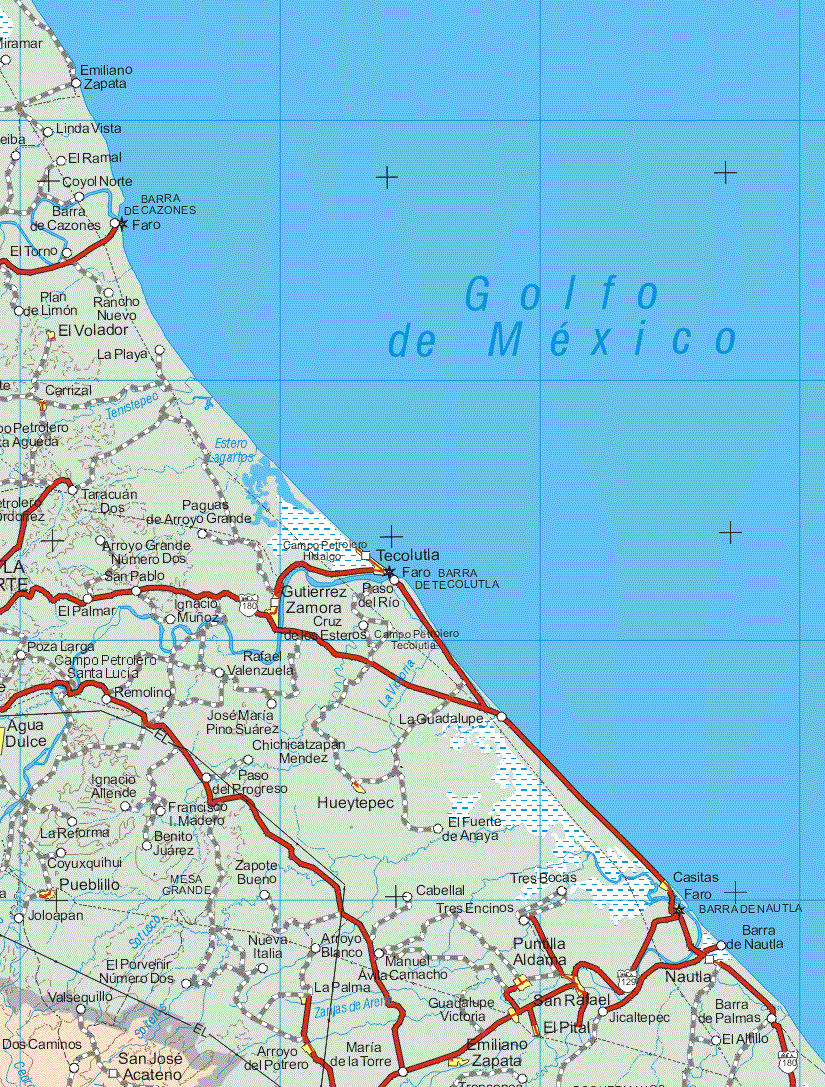 The map also shows the towns (pueblos) of Valsequillo, Dos Caminos, San José Acateno.