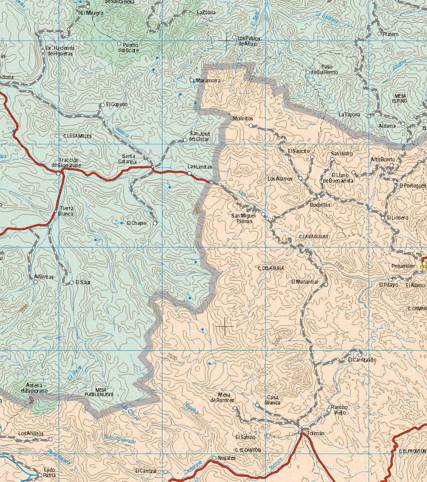 This map shows the major cities (ciudades) of Peñamiler.The map also shows the towns (pueblos) of Molinitos, El Saucito, San isidro, Alto Bonito, Los Alamos, El Llano de Buenavista, El Portugues, San Miguel Palmas, Boquillitas, El Lindero, El Pitayo, El Manantial, El Alamo, El Carrizalito, Mesa de Ramírez, Casa Blanca, Rancho Viejo, Los Ahilitos, Ejido patria, El Sabino, Nopales, Toliman.