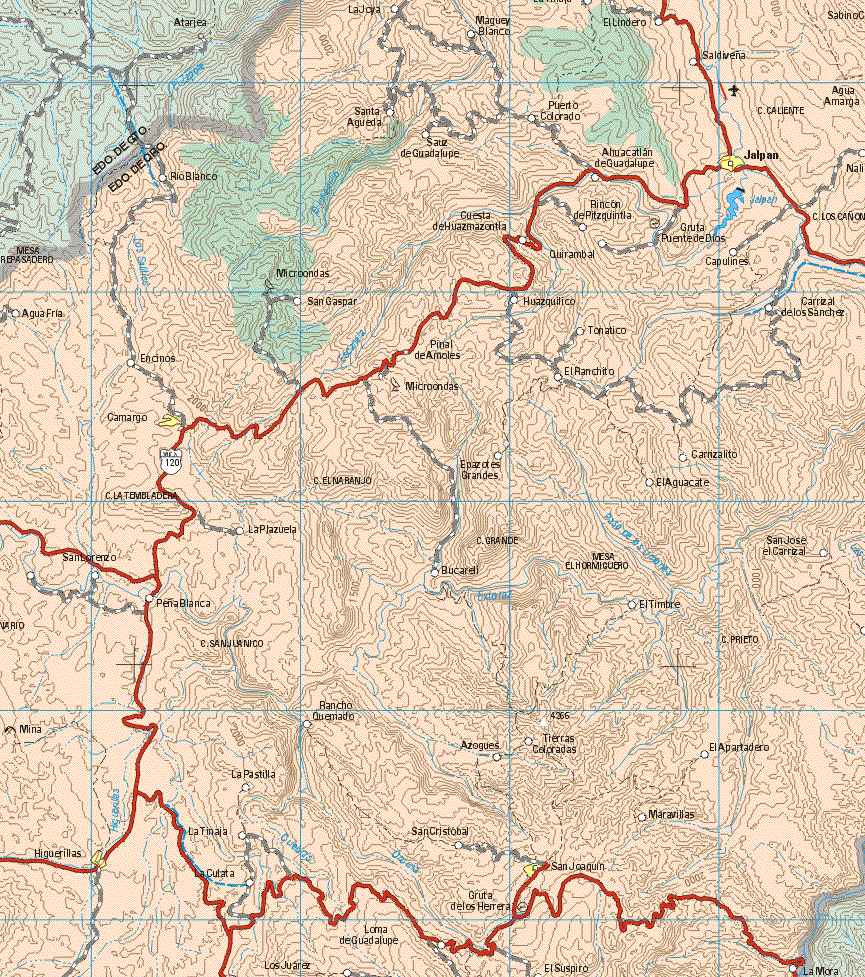 This map shows the major cities (ciudades) of Jalpan, Camargo, Higuerillas, San Joaquín.The map also shows the towns (pueblos) of La Joya, Maguey Blanco, El Lindero, Saldiveña, Puerto Colorado, Santa Agueda, Puerto Colorado, Sauz de Guadalupe, Ahuacatlan de Guadalupe, Río Blanco, Rincón de Pitzquintla, Gruta Puente de dios, Cuesta de Huamazontla, Gruta Puente de Dios, Guirambal, Capulines, San Gaspar, Agua Fría, Huazquilico, Carrizal de los Sánchez, Tonatico, Pinal de Amoles, Encinos, El Ranchito, Epazores Grandes, Ganzalito, El Aguacate, La Plazuela, San José el Carrizal, San Lorenzo, Peña Blanca, Bucareli, El Timbre, Rancho Quemado, Azogues, Tierras Coloradas, El Apartadero, La Pastilla, Maravillas, La Tinaja, La Culata, San Cristóbal, Gruta de los Herrera, Loma de Guadalupe, Los Juárez, El Suspiro.