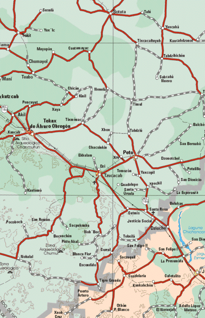 The map also shows the towns (pueblos) of La Esperanza, Balukax, Dziucha, San Felipe II, San Felipe I, San Diego, Saczuquil, La Presumida, Candelaria, Cafetalito, Kankabchen, Puerto Arturo, Otón P. Blanco, Xnoh Cruz, El Naranjal, Adolfo López Mateos.