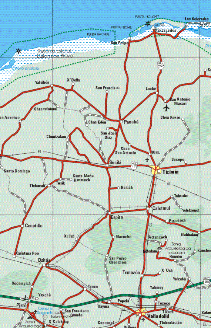 This map shows the major cities (ciudades) of Tizimin, Valladolid, Piste.
