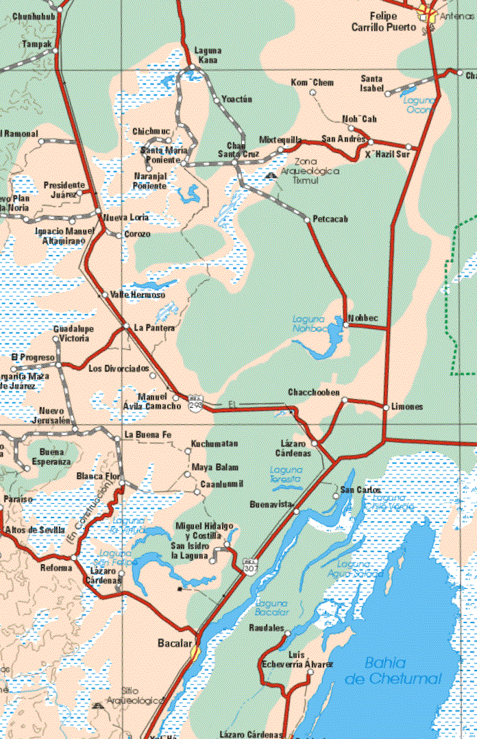 This map shows the major cities (ciudades) of Felipe Carrillo Puerto, Bacalar, Lázaro Cárdenas.The map also shows the towns (pueblos) of Chunhuhub, Tampak, Laguna Kana, Ko- Chem, Santa Isabel, Yoactun, El Ramonal, Nuevo Plan de la Noria, Margarita Maza de Juárez, Chichmuc, Noh-Cah, Santa Maria Poniente, Chau Santa Cruz, Mixtequilla, San Andrés, X-Hazil Sur, Presidente Juárez, Naranjal Poniente, Nueva Noria, Petcab, Ignacio Manuel Altamirano, Corozo, Valle Hermoso, Guadalupe Victoria, La Pantera, Nohbec, Guadalupe Victoria, El Progreso, Los Divorciados, Manuel Avila Camacho, Nuevo Jerusalén, Chacchoohen, Limones, La Buena Fe, Kuchumatan, Lázaro Cárdenas, Buena Esperanza, Blanca Flor, Maya Balam, Caamlunmil, Paraíso, San Carlos, Buenavista, Altos de Sevilla, Reforma, Miguel Hidalgo y Costilla, San isidro, La Laguna, Lázaro Cárdenas, Raudales, Luis Echeverría Alvarez.
