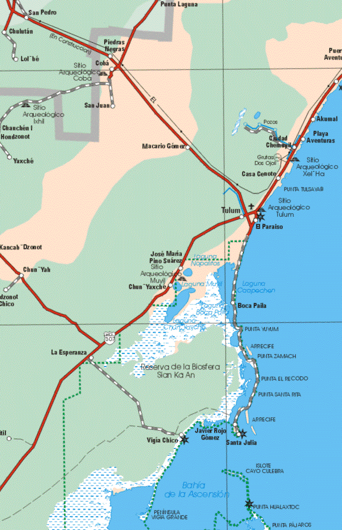 The map also shows the towns (pueblos) of Punta Laguna, Piedras Negras,