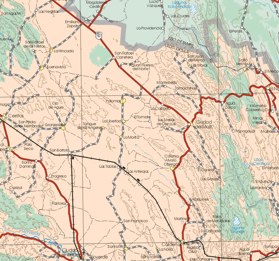 This map shows the major cities (ciudades) of La Hincada, Las Moras, Salto del Agua, Buenavista, Palomas, Cerritos, Granjena, Tanque de los Angeles, La Libertad, Ciudad del Maíz, La Morita, Ciudad Juárez, Colonia Alvaro Obregón, Santa Rita, Cárdenas, La Noria, El Naranjo.The map also shows the towns (pueblos) of San Agustín, Las Negritas, Emiliano Zapata, San Rafael de los Nietos, San Rafael Carretera, San Juan del Meco, Agua Nueva del Norte, El Meco, Montebello, Zamachihue, La Calzada, Agua Zaica, Kilómetro Cuarenta Y Dos, Ojo de Agua, San Pedro de los Hernández, El Tomate, La Mesa de Don Luis, Papagayas, Minas Viejas, Maltines, Palo Seco, San Bartolo, Santo Domingo, Progreso, Las Tablas, Los Anteojos, El Carrizal, Las Govias, El Quince, Carriza;, La Aurora, Atoquines, Pastoría, San Francisco, Martínez, Paso de Mendiolas, La Cañador, Ciudad Fernández, San Vicente, Higirio Olivo, Las Canoas, Agua Bueno, El Platanito.