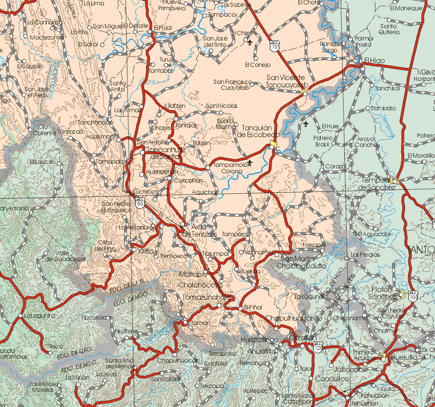 This map shows the major cities (ciudades) of San Vicente Tancuayatab, Tanquian de Escobedo, Tamazunchole.The map also shows the towns (pueblos) of La Lima, Nueva Primavera, Las Sabinas, El Chote, Tampacoy, La Confianza, Moctezuma, El Saucillo, San José el Viejo, La Pila, El Sidral, San Miguel, El Detalle, Santa Anita, Las Almas, Tanchanacio, Ojo Caliente, Tanzazolo, Aquismon, Tamapatz, San Pedro Huitzquilico, La Herradura, Ollita de Pino, El Pujal, San José del Tinto, El Chijo, Rancho Largo, Turu, El Conejo, Tantabal, San Francisco Cuayatab, Xilatzen, San Nicolás, Linares, Tantajos, Santo Martín, San Antonio, Tancanhuriz, Tiutzan, Huhuetlan, Tampamolon Corona, Coxcatlan, Suchiaco, Aquicha, Axtla de Terrazas, Tampacen, Xititla, Pemoxco, Remoxco, Tlajumpal, Chicamol, Maltapa, Hueluco, Chatchocoyo, El Piñal, Chapulhuacanito, Tamo.