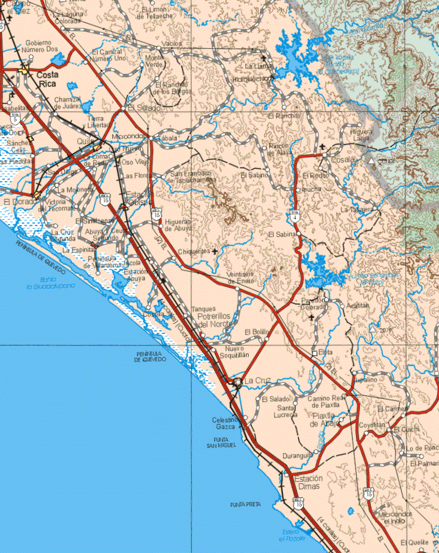 This map shows the major cities (ciudades) of Campo el Diez, Costa Rica, Sánchez Celis, Quilo, Oso Viejo, El Dorado, Estación Obispo, La Cruz.The map also shows the towns (pueblos) of La Laguna Colorada, El Limón Tellaeche, Gobierno N. Dos, El Carrizal N. Uno, Vacilos, Monte Verde, La Llama, El Rancho de los Burgos, Sabelitas, Chaizal de Juárez, El Salado, El Ranchito, Tierra y Libertad, Higuera Larga, Tabala, La Loma, Oso Nuevo, rincón de Ayala, Cosala, Las Piedras, San Diego, Las Flores, San Francisco de Tacuichamena, El Sabino, El rodeo, Ipucha, Victoria del Tecomate, La Mojonera, La Tasajera, El Sinaloense, Higueras de Abuya, El Sabina, La Cruz Segunda, Abuya Segundo, La Espinita, Peninsula de Villariris, Jacola, Estación Abuya , Chiqueritos, Veintiséis de Enero, Cospila, Tanques, Potrerillos del Norte, El Bolillo, Paredón Colorado, Acatitlan, Nuevo Soquititlan, Elota, Ixpalino, El Sabalo, Santa Lucrecia, Camino Real de Piaxtla, El Salado, El Carmen, Celestino Gasca, Piaxtla de Abajo, Coyotitan, El Cuchí, Duranguito, El Palmar, Estación Dimas, El Quelite, Lo de Penca.