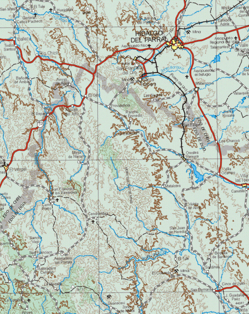 This map shows the major cities (ciudades) of Hidalgo del Parral, San Francisco del Oro.