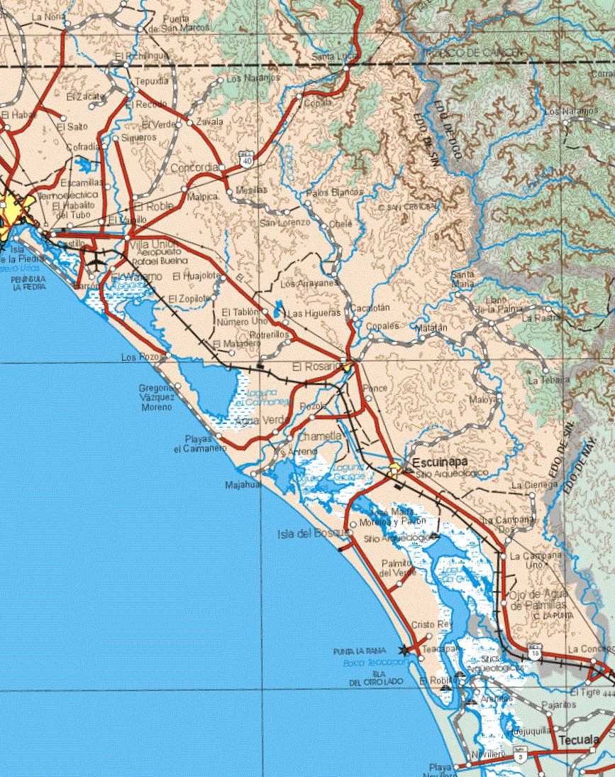 This map shows the major cities (ciudades) of El Rosario, Escuinapa.The map also shows the towns (pueblos) of La Nona, Puerta de San Marcos, Santa Lucia, El Zacate, Tepuxtla, Los Naranjos, El Habal, El Recodo, Copala, El Salto, El Verde, Zavala, Siqueros, Cofradía, Concordia, Escamillas, El Roble, El Vainillo, Malpica, Mesillas, Palos Blancos, San Lorenzo, Chele, El Castillo, Isla de la Piedra, Villa Unión, El Walamo, El Huajote, Los Arrayanes, El Zopilote, Santa Maria, El Tablón N. Uno, Las Higueras, Cacalotan, Llano de la Palma, La Rastra, Potrerillos, Copales, Matatan, El Matadero, Los Pozos, Gregorio Vázquez Moreno, Agua Verde, Pozole, Ponce, Maloya, La Tebana, Playas el Caimanero, Chametla, Majagual, La Ciénega, Isla del Bosque, José Maria Morelos y Pavón, La Campana Dos, Palmito del Verde, La Campana Uno, Ojo de Agua de Palmillas, Cristo Rey, Teacapan, La Concepción, El Roblito.