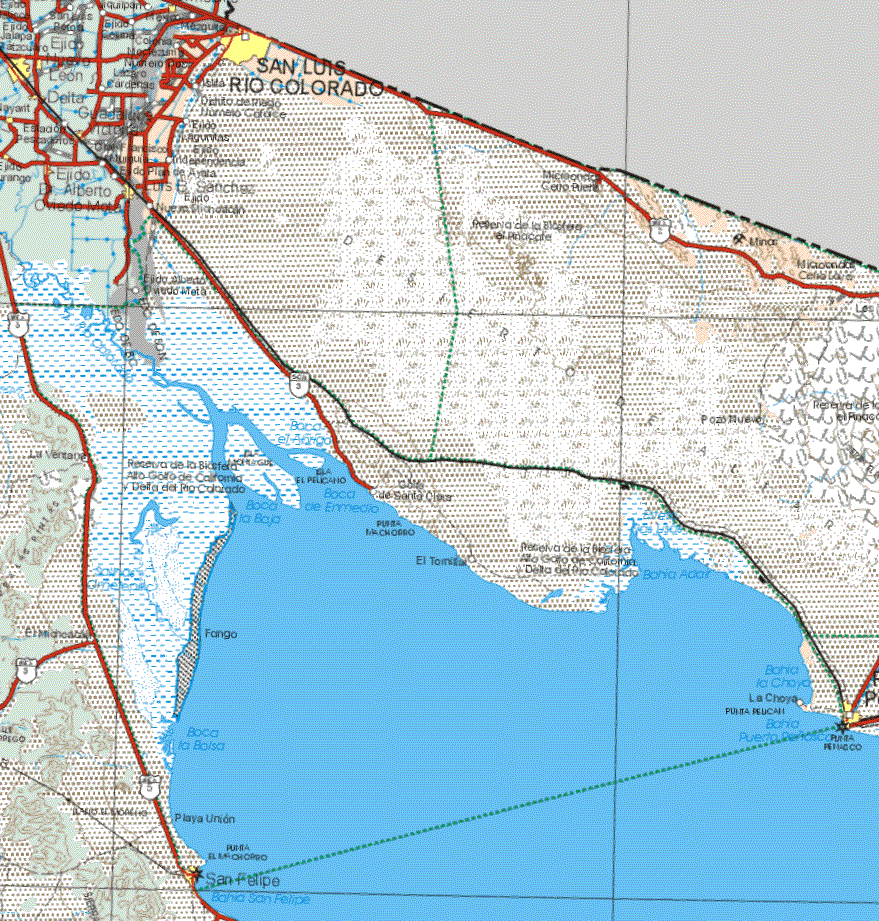 This map shows the major cities (ciudades) of San Luis Río Colorado, Puerto Peñasco.The map also shows the towns (pueblos) of Ejido Lagunas, Ejido Independencia de Ayala, Ejido Nuevo, La Choya.