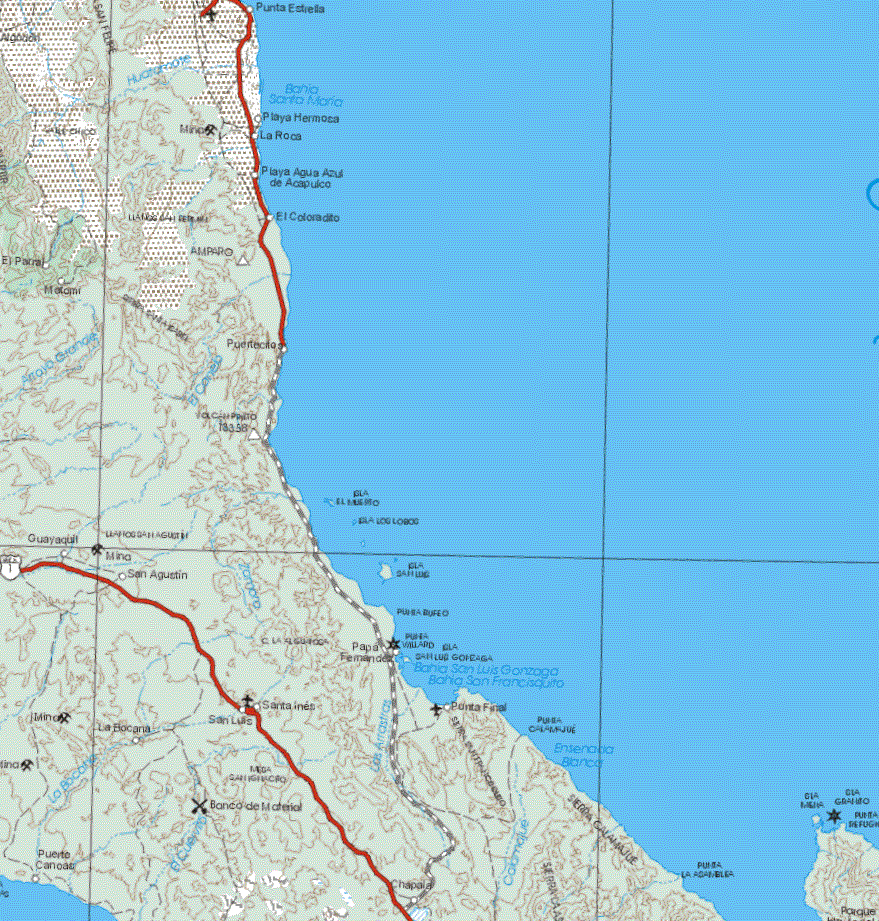 The map also shows the towns (pueblos) of Punta Estrella, Playa Hermosa, La Roca, Playa Agua Azul de Acapulco, El Coloradito, Puertecitos.