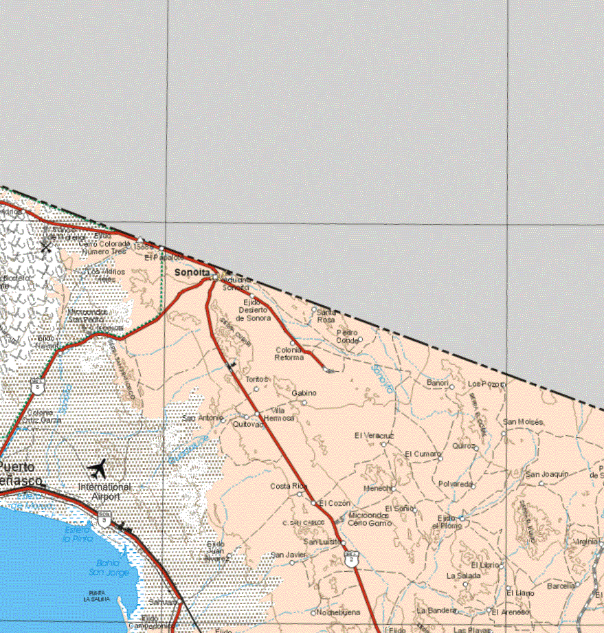 This map shows the major cities (ciudades) of Sonoita.The map also shows the towns (pueblos) of Ejido Cerro Colorado N. Tres, El Papalote, Los Indios, Ejido Desierto de Sonora, Santa Rosa, Pedro Conde, Colonia Reforma, Toritos, Gabino, Banori, Los Pozos, San Antonio, Quitovac, Villa Hermosa, San Moisés, Colonia Ortiz Garza, El Veracruz, Quiroz, El Cumaro, Costa Rica, Menechi, Polvadero, San Joaquín, El Cozon, El Soñio, Ejido Juan Alvarez, Ejido el Plomo, San Luisito, San Javier, El Lirio, Virginia, La Salada, Barcela, El Llano, Nochebuena, La Bandera, El Arenasco.
