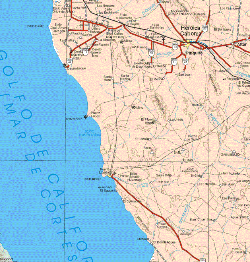 This map shows the major cities (ciudades) of Heroica Caborca, Altar, Pitiquito, Puerto Libertad.The map also shows the towns (pueblos) of Ejido Alberto Uribe, Santa Rita, Los Nopales, Ejido las Enchilayas, Ejido el Diamante, Los Chirriones, Ejido el Coyote, Ejido San Isidro, Ejido Gral. Alvaro Obregón, Claudia, Ejido Ultimo Esfuerzo, Plutarco Elías Calles Numero Dos, El Batamote, Ejido Jesús García, Oquitates, La Chalita, La Alameda, San Ramón, El Cerrito Numero Dos, Cerrito Numro Tres, San Ramón, Desemboque, Ejido Josefa Ortiz de Domínguez, El Deseo, los Chacuales Viejos, Santa Rosa, Santa Martha, El Molino, San Juan, El Huérfano, La Verbena, El Prieto de Gaon, San Antonio, Bamuri, Puerto Lobos, El Plomito, La Unión, El Carbón, Pozos de Sema, El Dátil, Ejido Pozos Victoria y Libertad, Santa Rita, El Cielo, La Inmaculada, El Destierro, Las Estrellas, San Juan, La Angostura, El Colorado, Las Parritas, San Benito, Kan Chun Junga, Agua Blanca, Pozo Coyote, Arrivalpa, Miramar, El Desemboque.