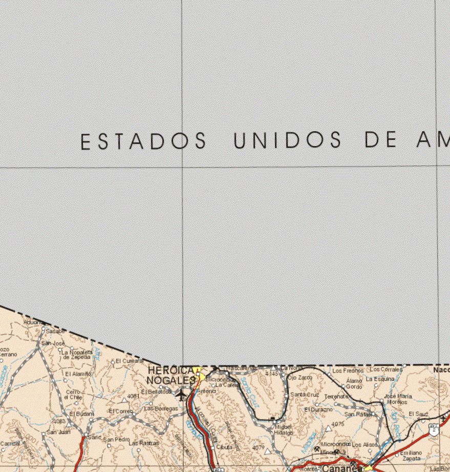 This map shows the major cities (ciudades) of Heroica Nogales, Cananea.The map also shows the towns (pueblos) of Sasabe, San José, Pozo de Serrano, La Nopalera de Zepeda, La Noria, Los Fresnos, Los Corrales, El Alamito, Ojo Zarco, Alamo Gordo, La Esquina, Cerro el Chile, El Bellotodo, Santa Cruz, Terrenates, José Maria Morelos, El Busani, El Correo, Los Borregos, El Durazno, San Rafael, El Sauz, San Juan, El Carrizal, San Pedro, Las Rastras, Cibuta, Miguel Hidalgo, Los Alisos, Vicente Guerrero, Emiliano Zapata.