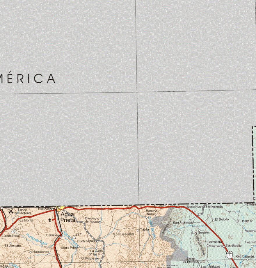 This map shows the major cities (ciudades) of Agua Prieta.The map also shows the towns (pueblos) of La Morita, Espinosa, El Valle, Rancho Nuevo, Dieciocho de Agosto, Cuauhtemoc, Cabullon, Cuchuveracho, Los Embudos, Tapita, El Leoncito, Cerro Prieto, La Junta de los Ríos, Hagallanes, Magallanes, El Rusbayo.