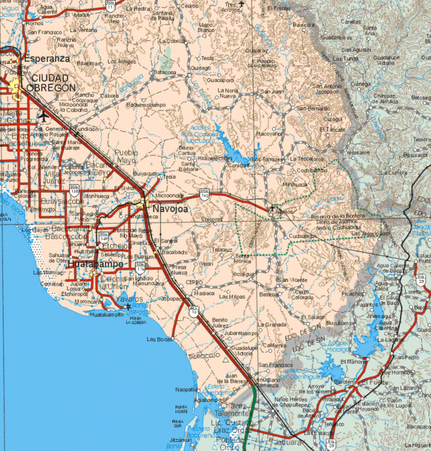 This map shows the major cities (ciudades) of Esperanza, Ciudad Obregón, Mario Gómez, Bacame Nuevo, Villa Juárez, San Pedro Viejo, Navojoa, Bacobampo, Bascorcobo, Bacabachi, Huatabampo, Los Buanjums, Loma Etchoropos, Agiabampo, Juan de la Barrera.The map also shows the towns (pueblos) of Agua Caliente, Hornos, El Blado, Rancho Viejo, La Rastra, Santana de Padilla, Cedros, Tres Arroyos, El Frijoles, Bavicora, Llano Blanco, La Ventana, San Francisco, Rancho Nuevo, La Cobriza, Guajara, Bujajimar, Los Amigos, Batacosa, Tesia, Batacosa, Guacaporo, Rancho Cocoraque, Cabora, El Achomobampo, La Noria Nueva, San Juan, San Antonio Jecopaco, San Bernardo, Curagui, Col. Gral. Antonio Rosalea, Fundición, Santa Maria del Buaraje, Sonora Progresista, Pueblo Mayo, Barrio Cantua, Macoyahu, El Tascate, Los Tonque, La Tecaforma, Col. Allende, Col. Je Jocapo, Buiyacusi, Santa Bárbara, Los Tanques, La Tescaforma, Tesia Minihuaza, El Siviral, Buaysiacobe, Jitonhueca, Fareconato, Chinotameca, Alamos, Chicoras, Los Mayas, Chicoras, Etchejos, El Saneral, Cuchujados, Cuchuaqui, Tetacruz, Santa Mónica, Sahuafa de Otero, Yopan, Presa Nueva, Colonias la Unión, Conajoz, Juparte, Moroncari, Presa Nueva, Yocoligua, San Ignacio Mamucuera, San Vicente, Moroncani, Yavaros, Hutabampito, Masiaca, Las Milpas, Cerro Colorado, Benito Juárez, La granada, Jubarebampo, California, Guadalupe Victoria, San Francisco, Juan de la Barrera, Venustiano Carranza, San Francisco, Naopatia.